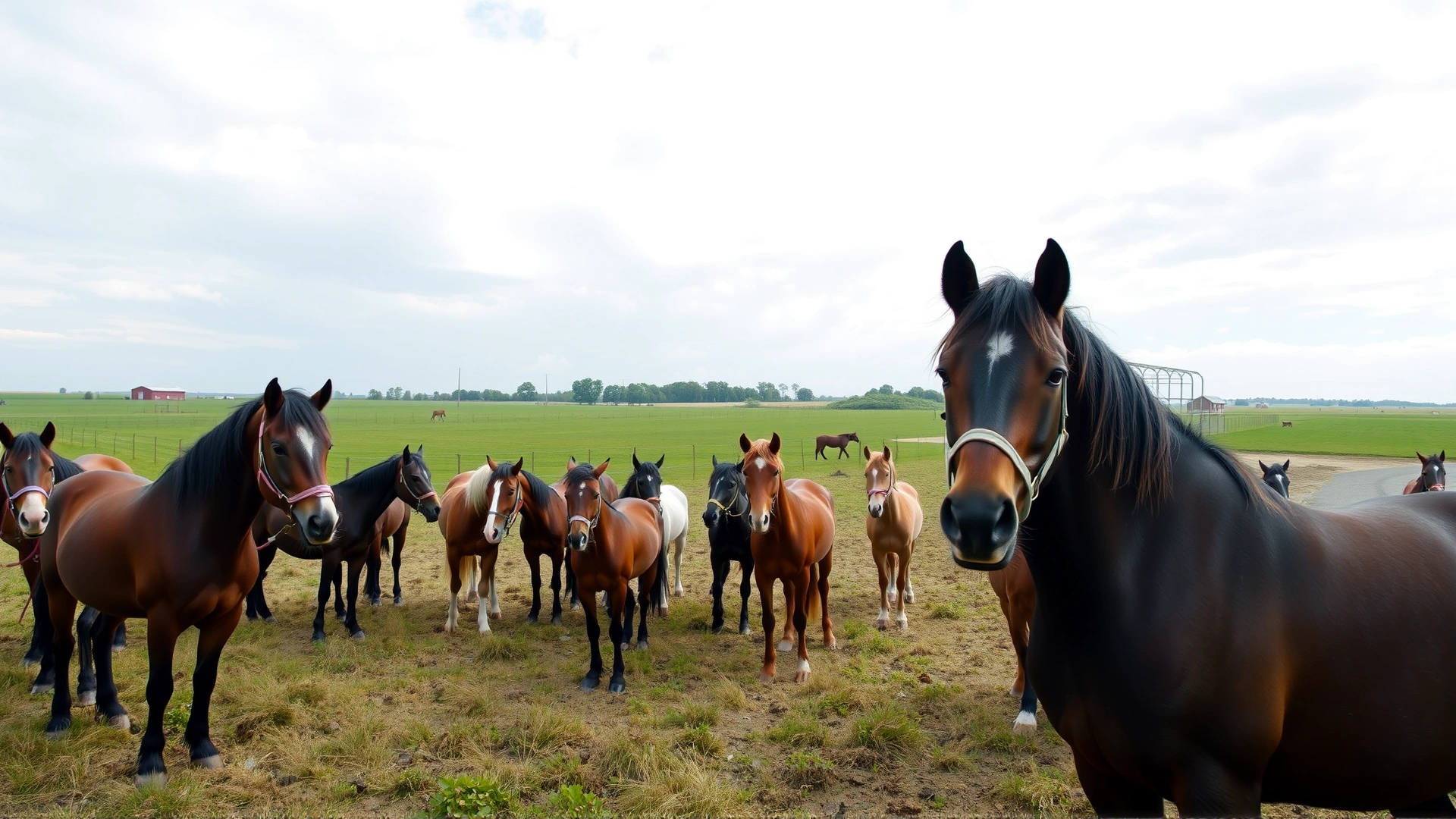 Wide shot of a mixed group of horses in a large paddock, some wearing grazing muzzles and others in a nearby dry lot area separated by fencing