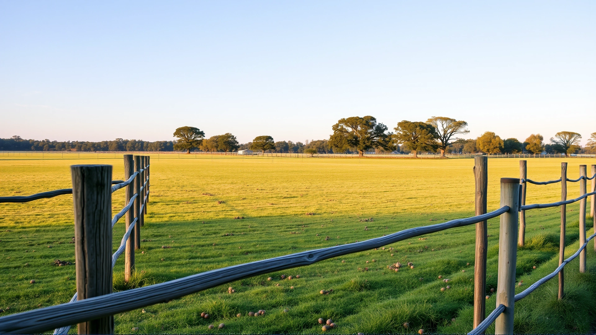 Fenced horse pasture free of acorns with distant oak trees, early morning light, no text.