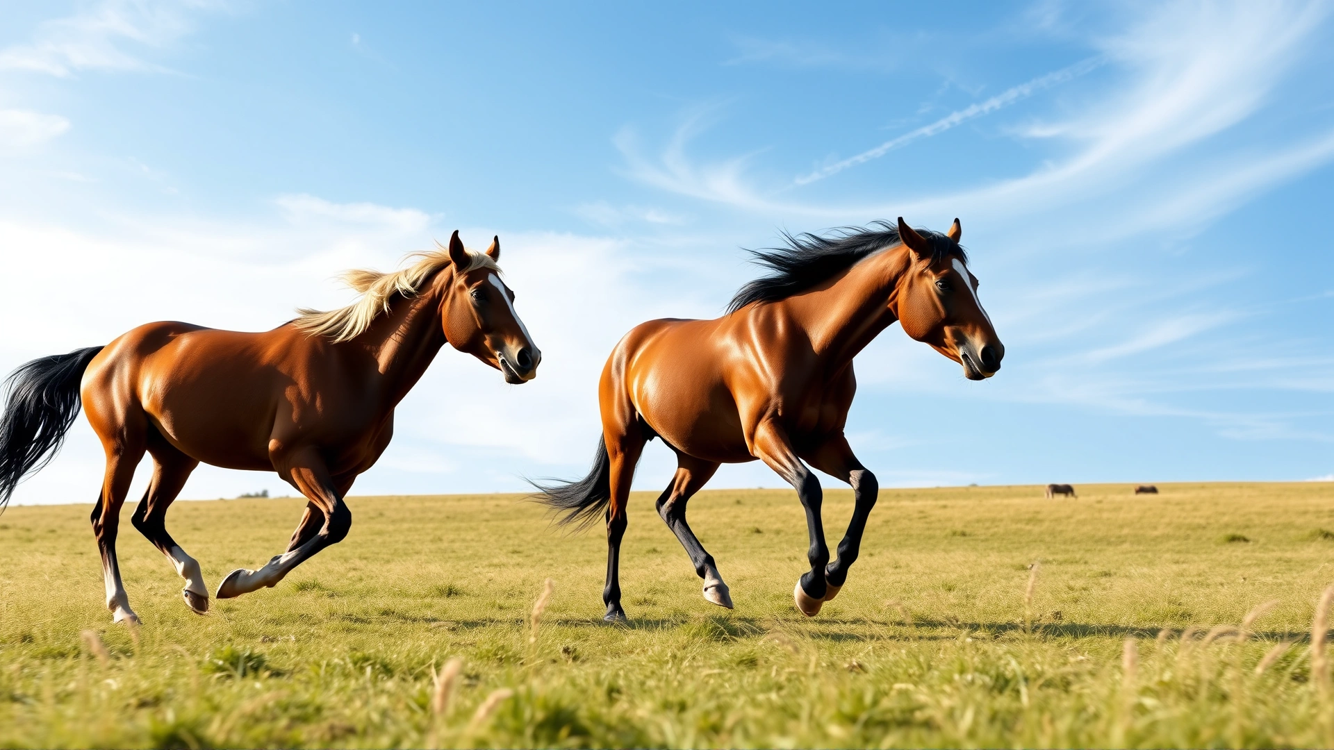 Two horses running freely in a wide pasture under blue sky, conveying peace of mind and freedom