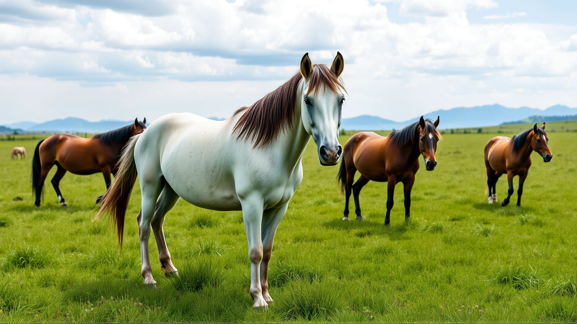 A small herd of Criollo horses grazing peacefully in a lush green pasture with distant mountains.