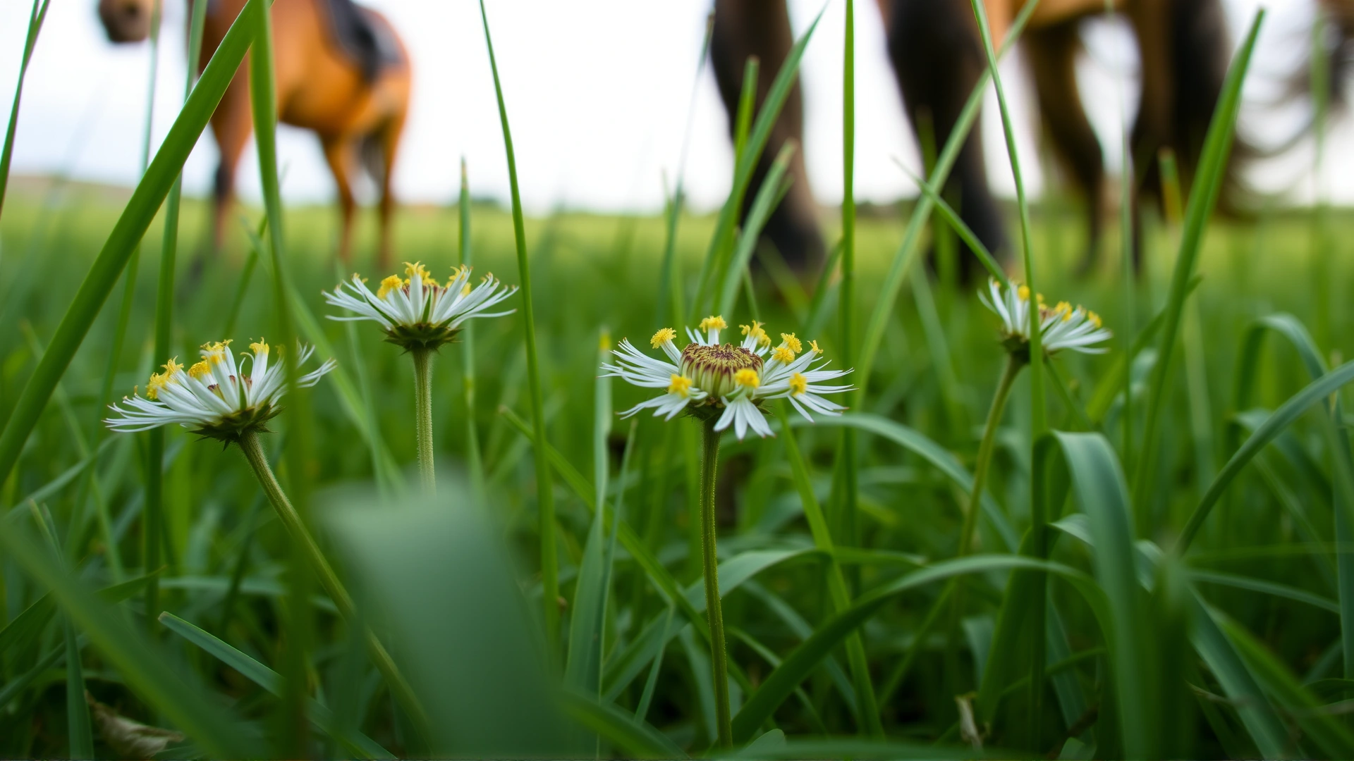 Close-up photograph of blooming Hypochaeris radicata (flatweed) surrounded by grass in a horse pasture