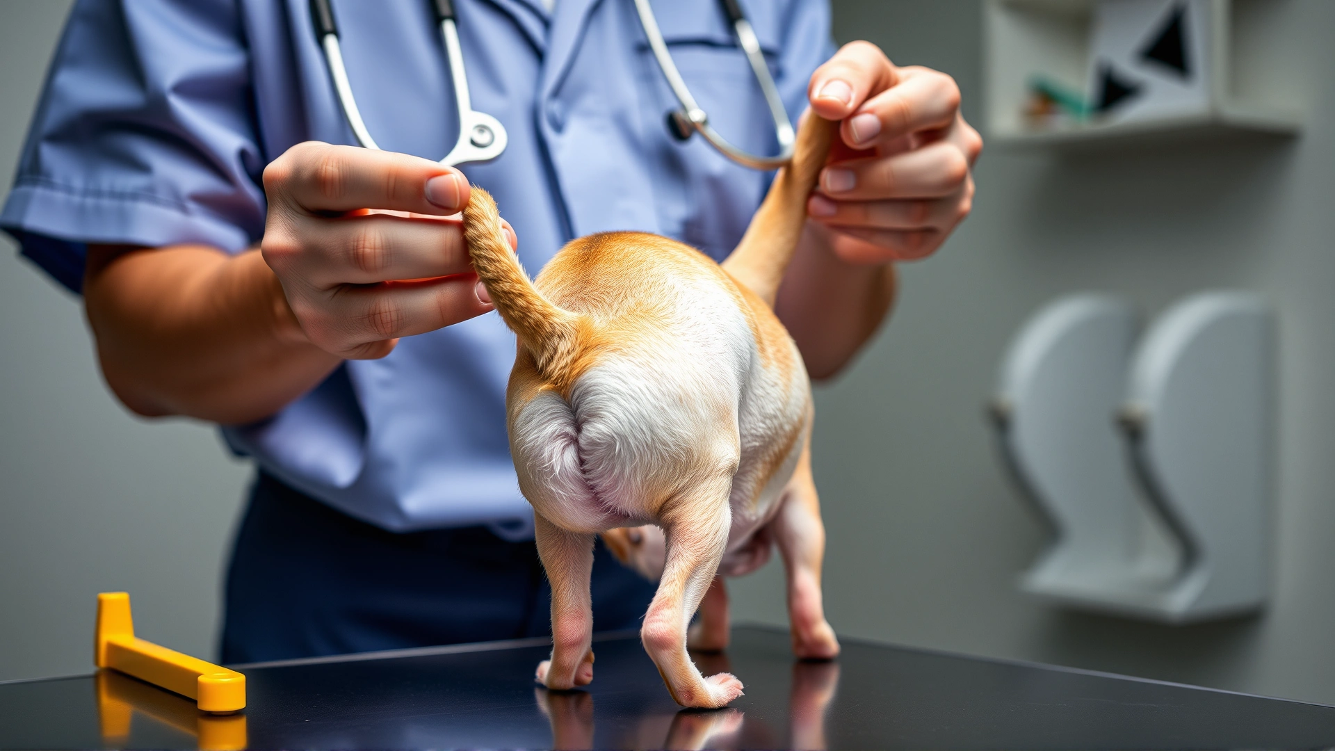 Veterinarian lifting and inspecting the hind leg of a tiny Chihuahua on an examination table