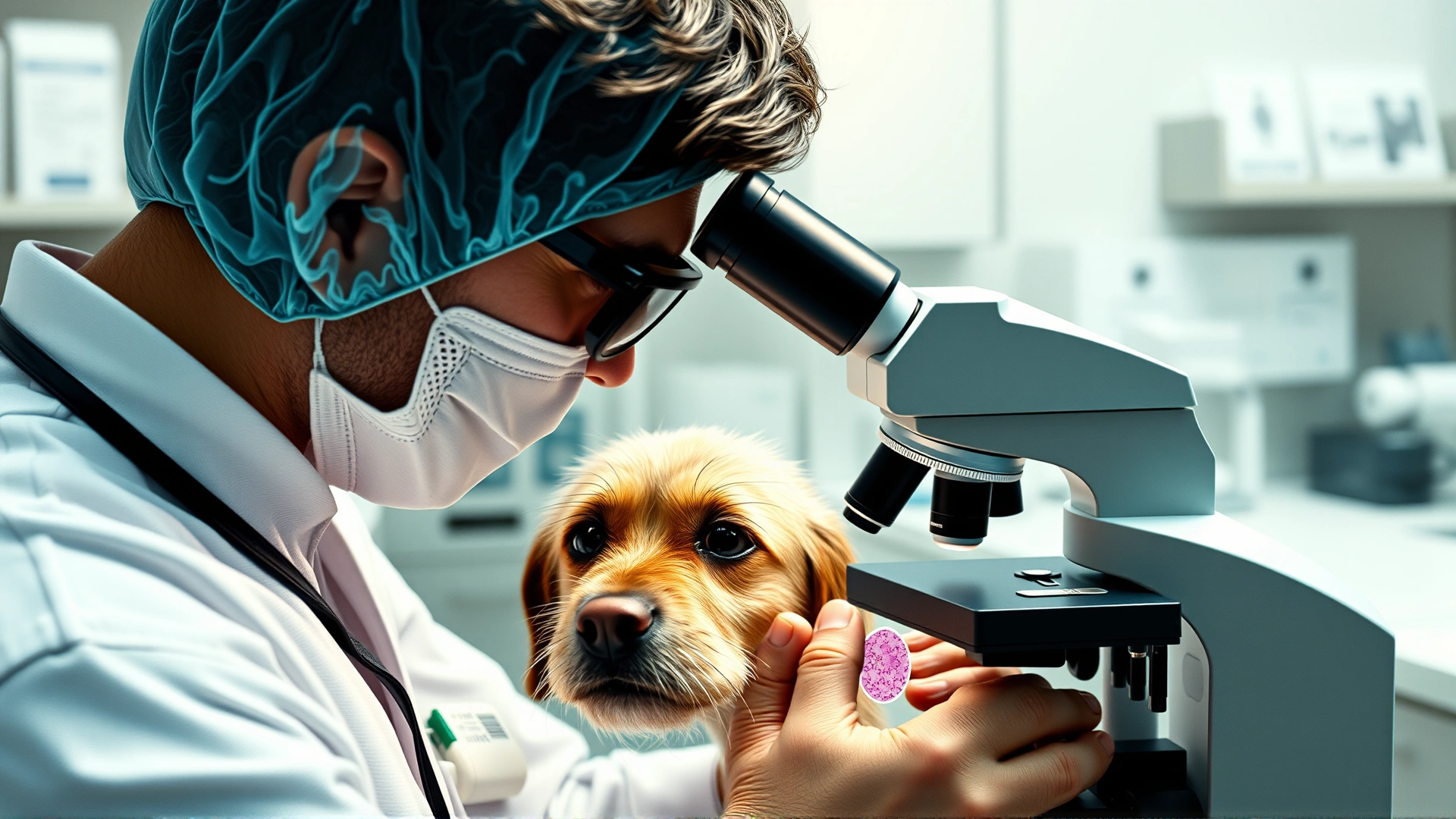 Laboratory technician analyzing a canine tissue sample under a microscope in a clean, well-lit pathology lab.