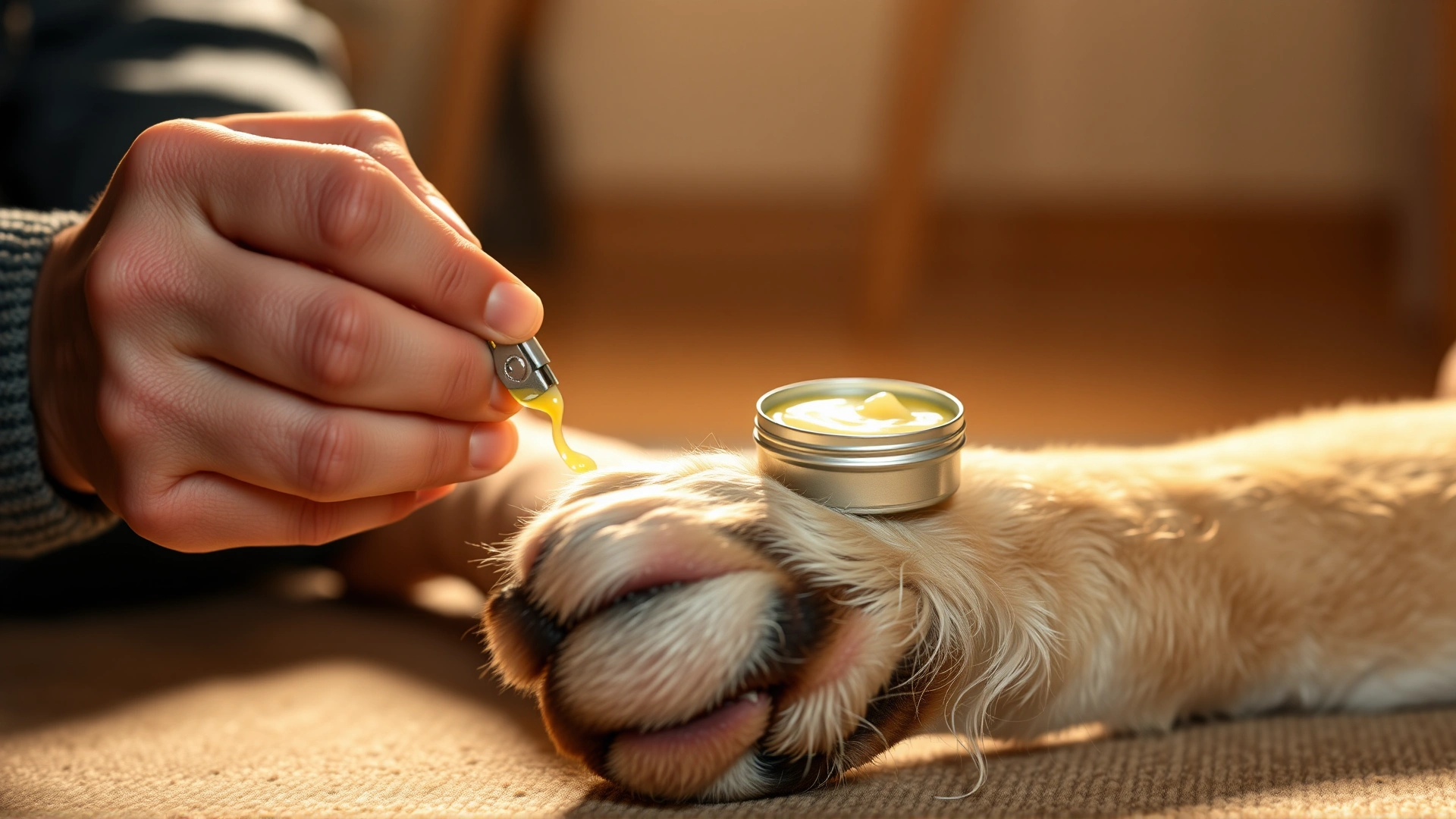 Person applying paw balm from a small tin onto a dog's paw, indoor warm lighting