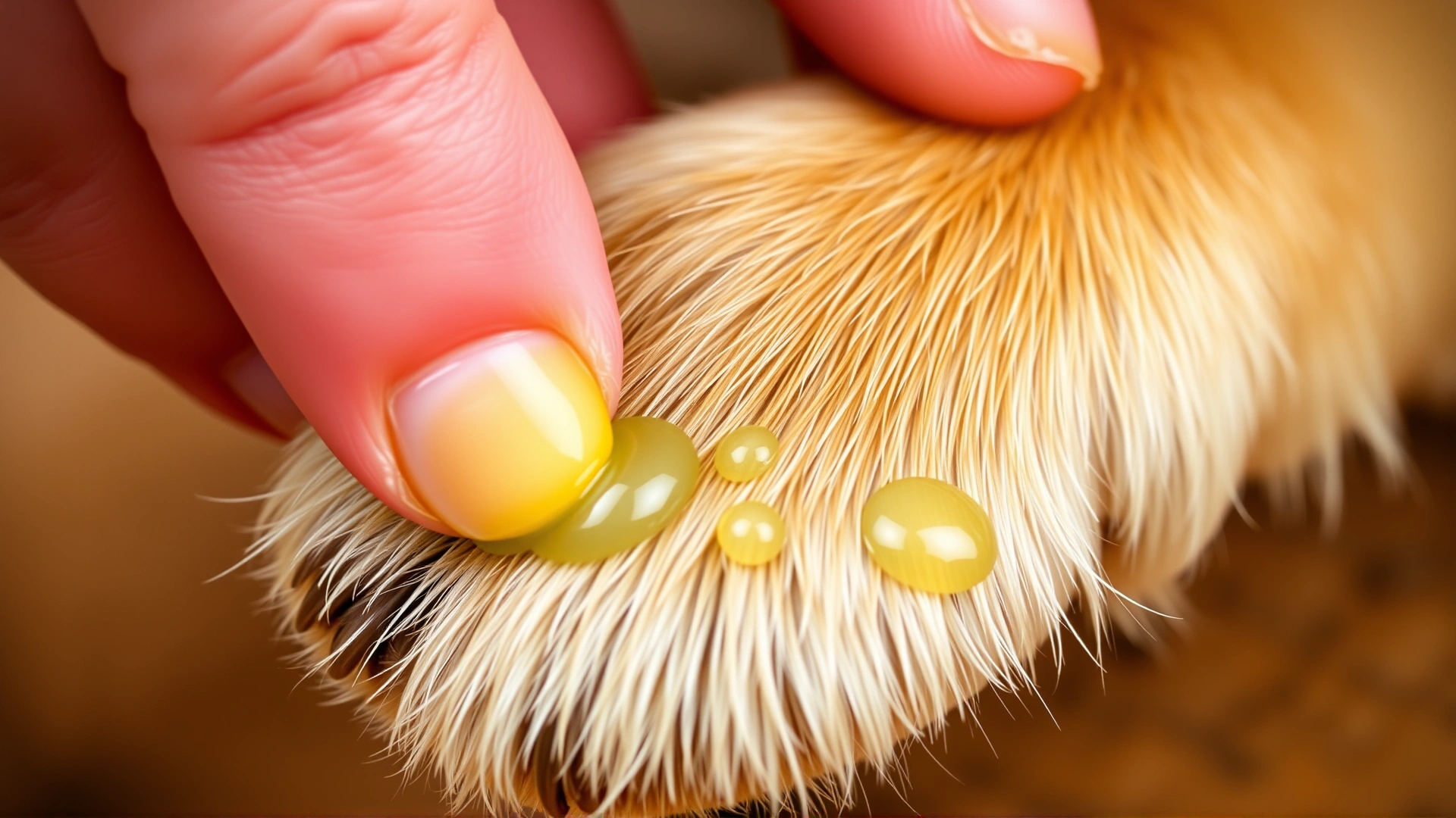 Applying paw balm with finger on a dog's paw pad, close-up shot