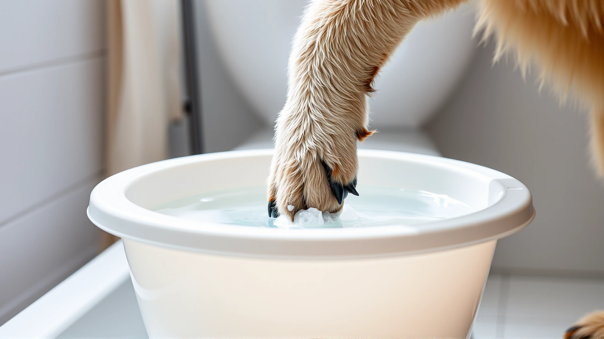 Small plastic basin filled with lukewarm soapy water with a dog's paw gently dipped in by owner, bright bathroom setting