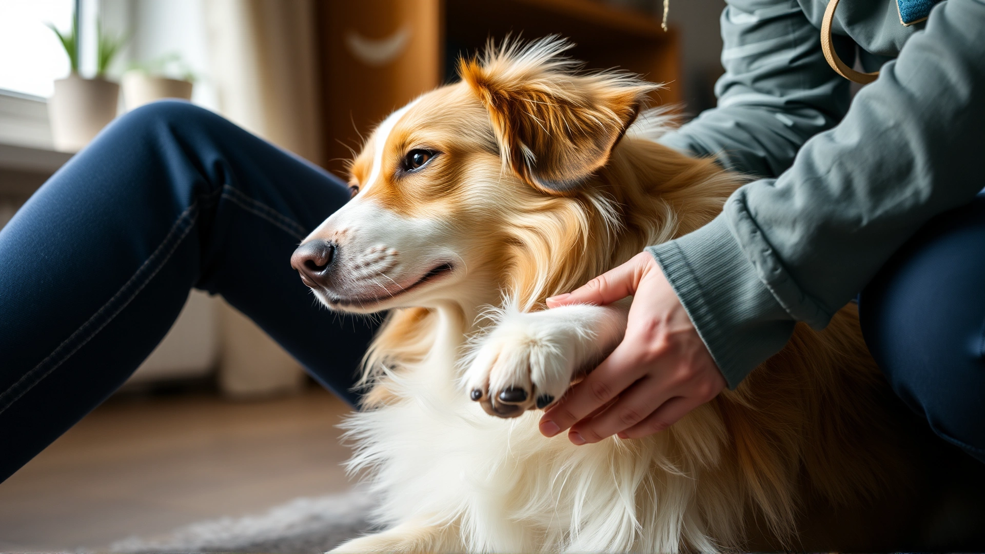 Dog owner gently applying protective paw balm to the pads of a relaxed dog indoors
