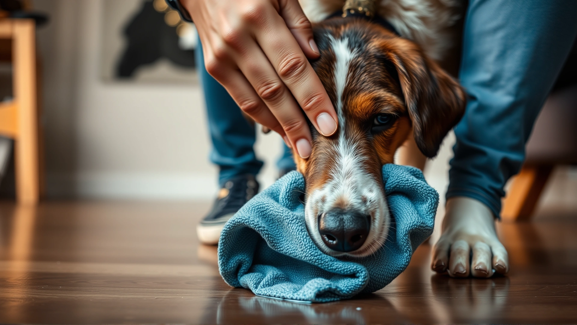 Close-up of a person gently wiping a dog’s paws with a damp cloth after a city walk, indoor setting with soft lighting.