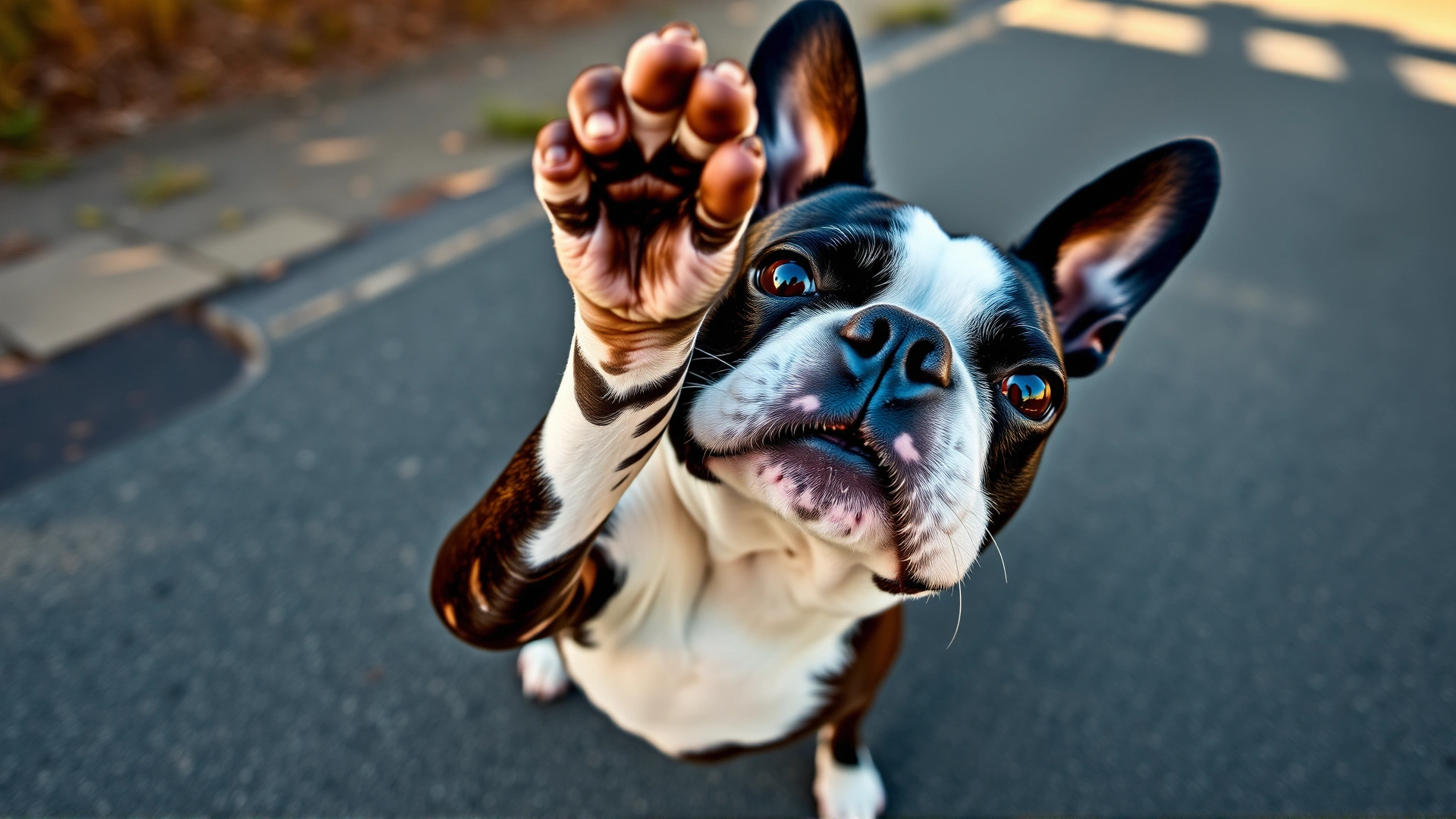 Top view of a Boston Terrier lifting its paw while standing on a hot asphalt road that shows subtle heat shimmer.