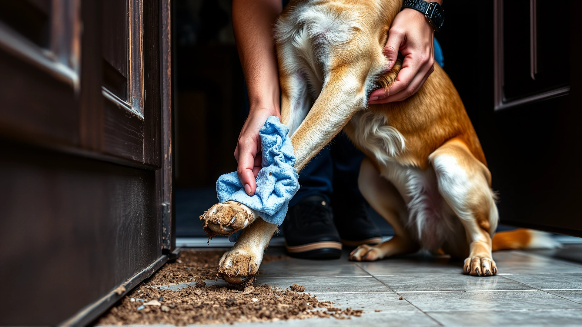 Person wiping a dog’s muddy paws with a pet wipe at the doorway after an outdoor walk.