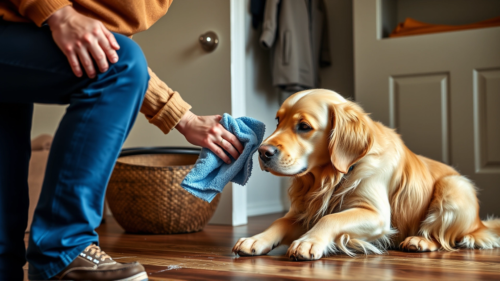 Owner wiping a golden retriever's paws with a warm damp cloth inside a mudroom