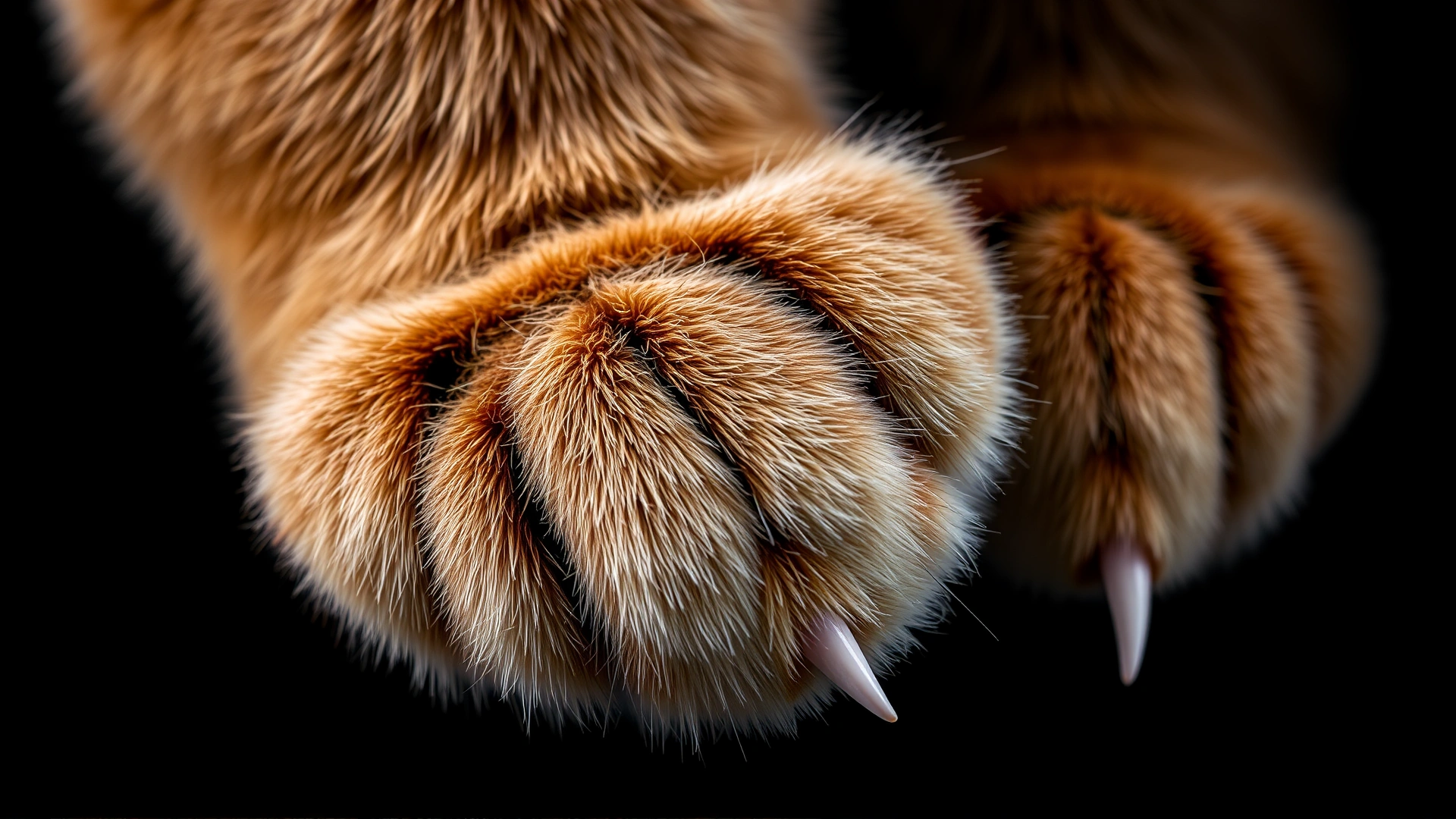 Macro shot of a cat's paw pads and claws against a dark background.