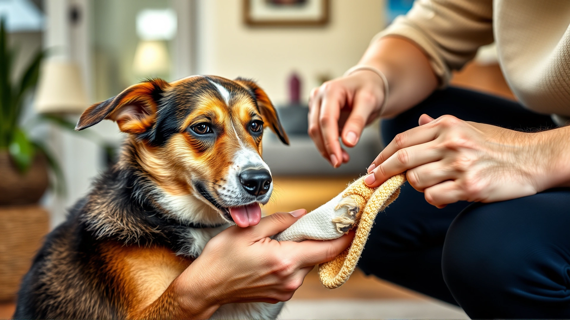 Owner gently drying a dog's paw with a clean towel, cozy indoor environment