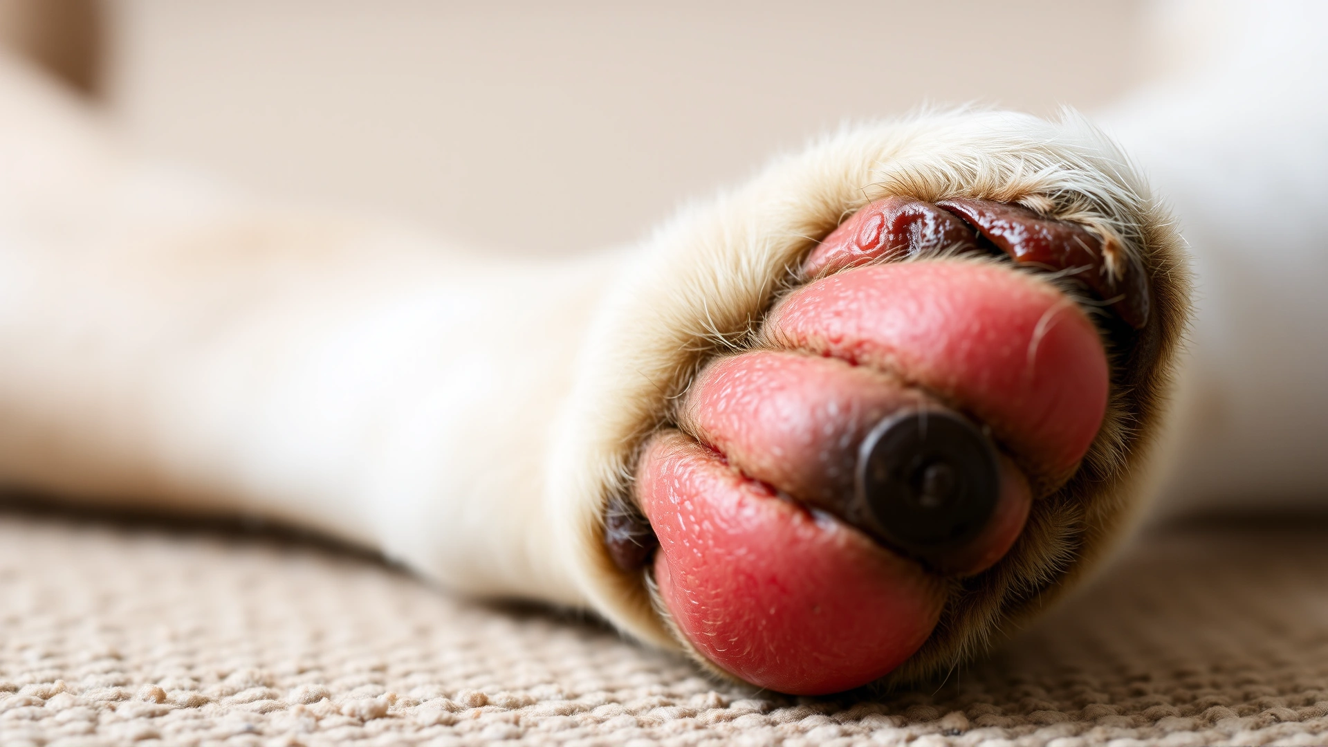 Close-up macro photograph of a dog's red, swollen paw pad resting on a neutral background