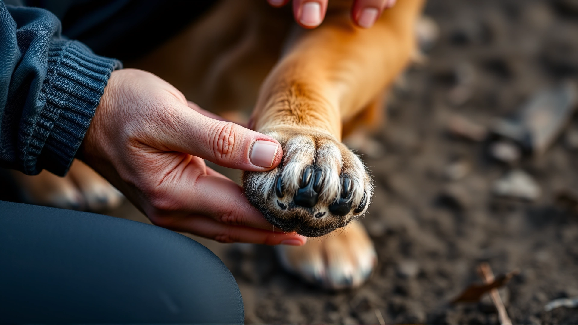 Close-up of human hands gently inspecting a dog's paw pads after outdoor activity, soft natural lighting, no text.