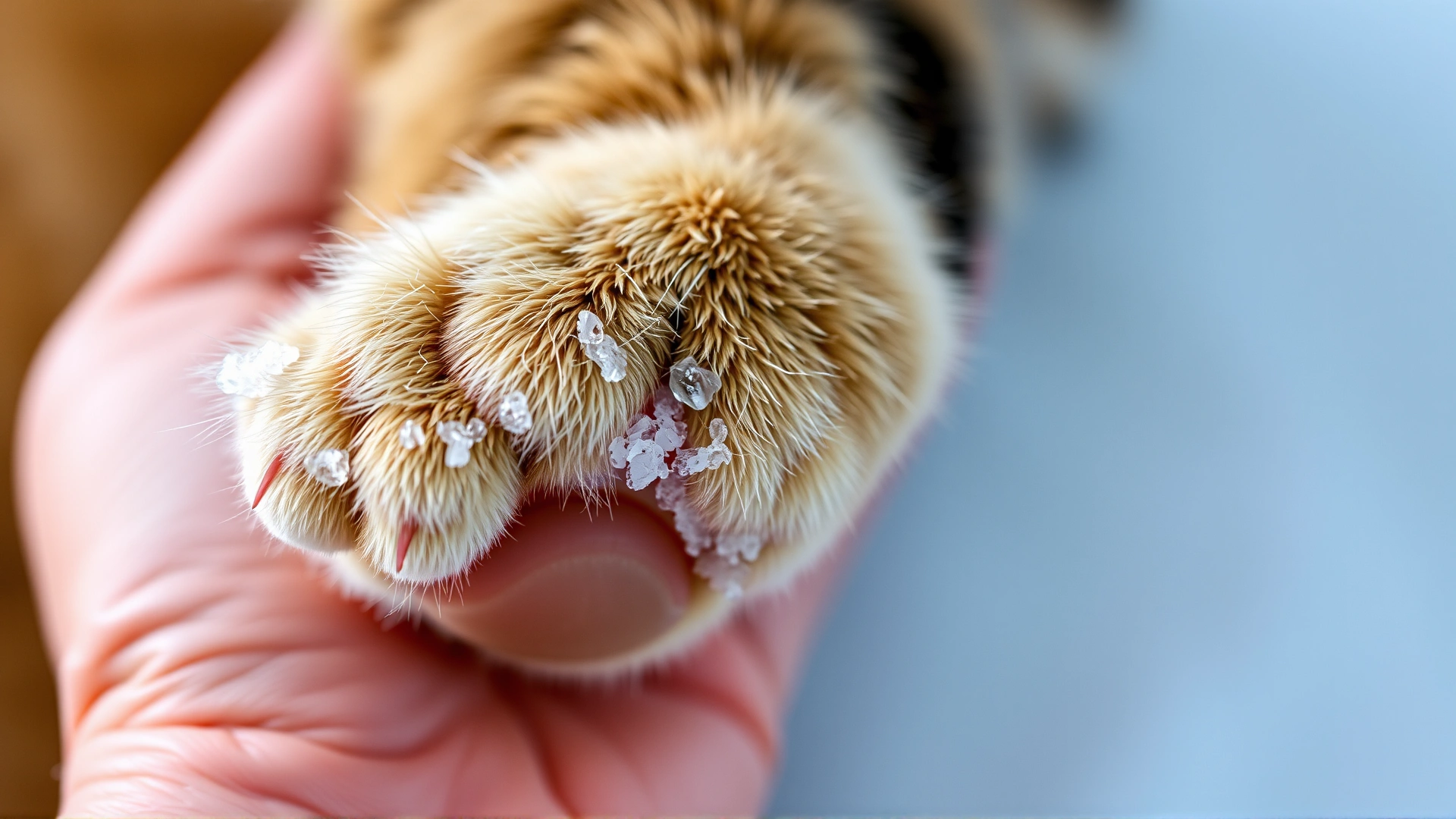 Close-up of a human hand lifting a cat’s paw to inspect the pads for ice or salt crystals.