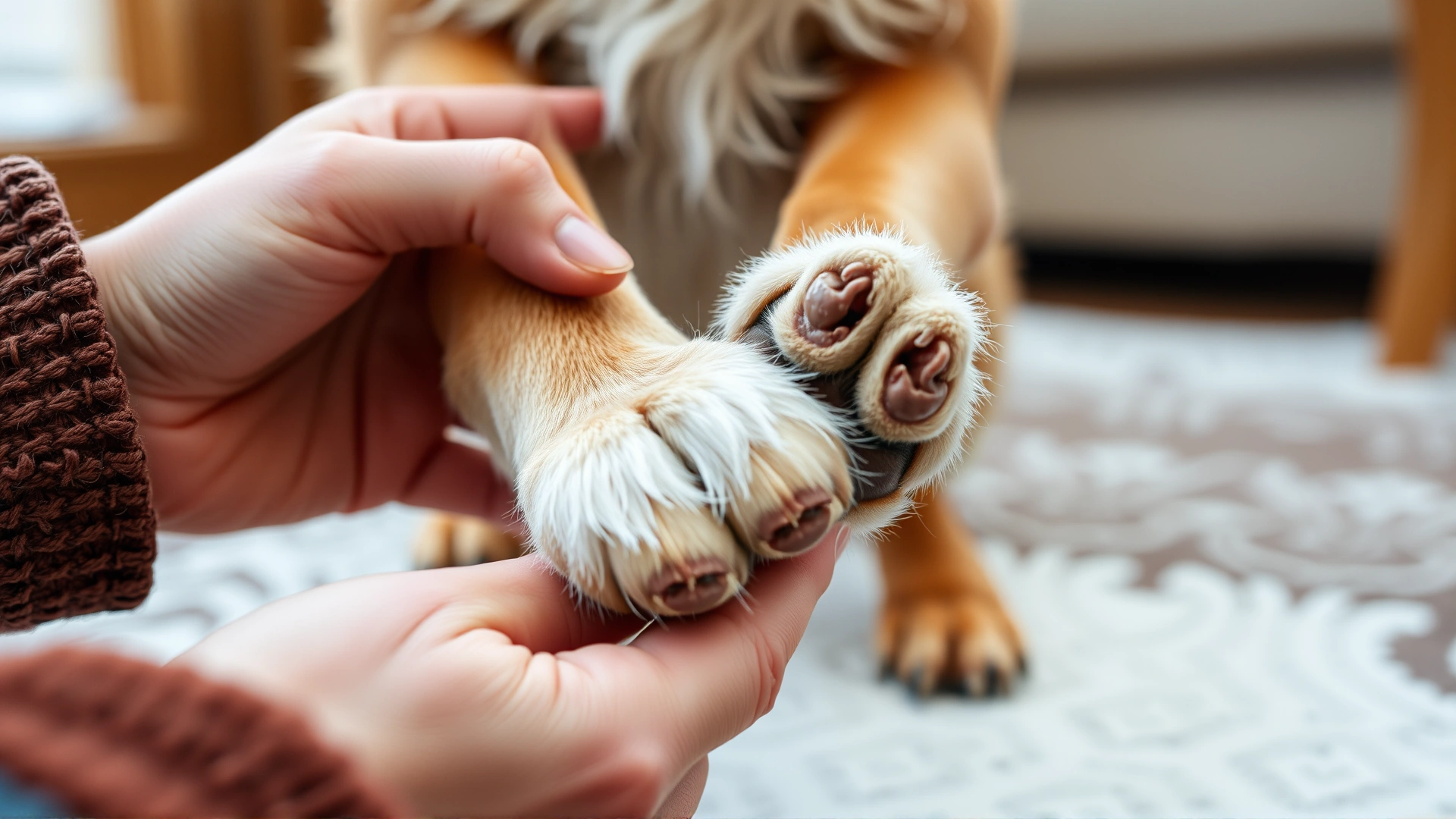 Close-up of human hands gently inspecting a dog's paw pads indoors after a winter walk