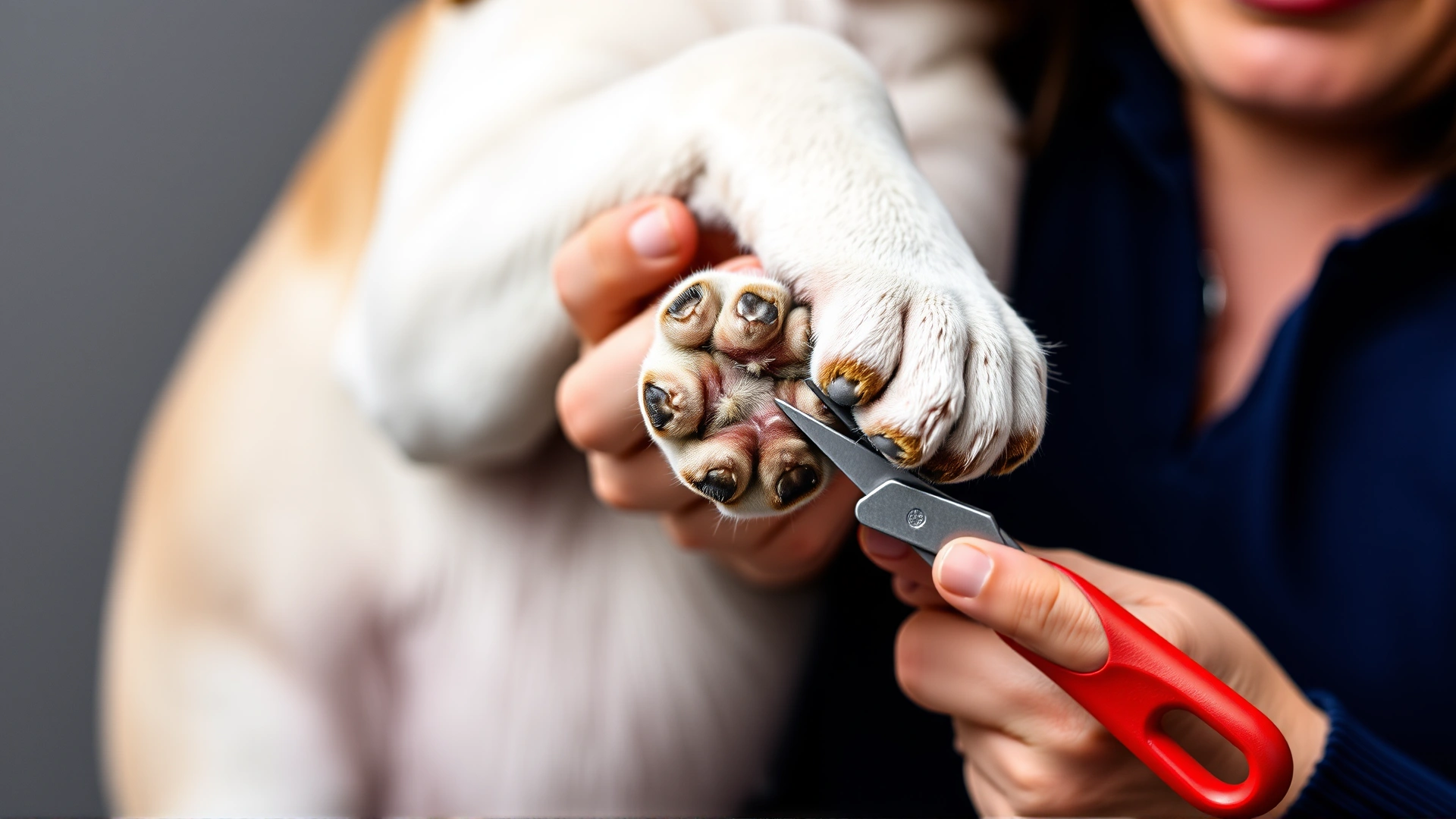 Owner holding dog's paw and showing nails for trimming.