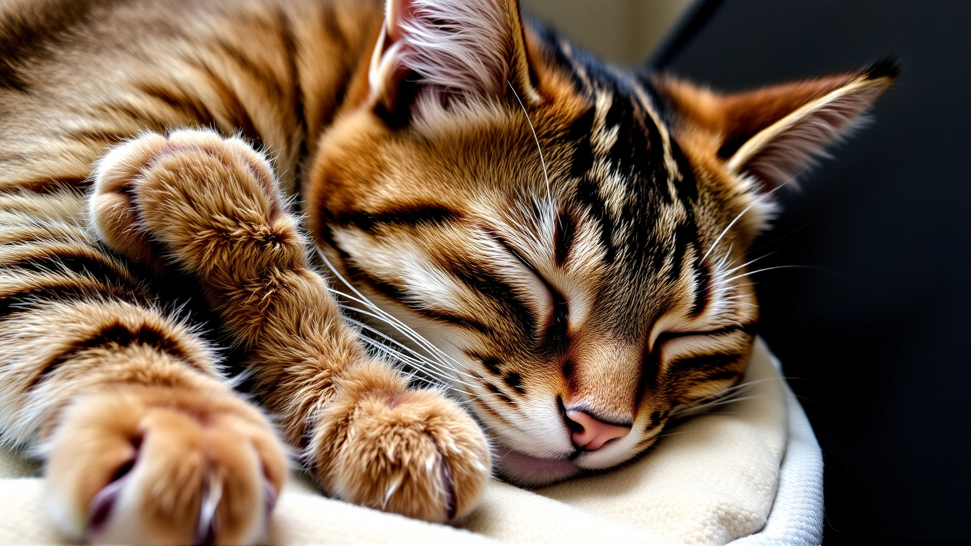 Cat sleeping with one paw covering its face, lying on a cushion.