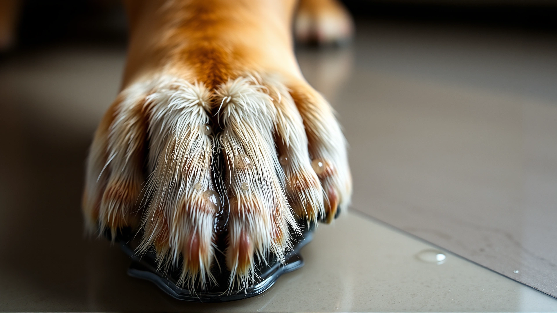 Close-up of a dog’s paw pads on a slightly wet surface with tiny beads of sweat reflecting light