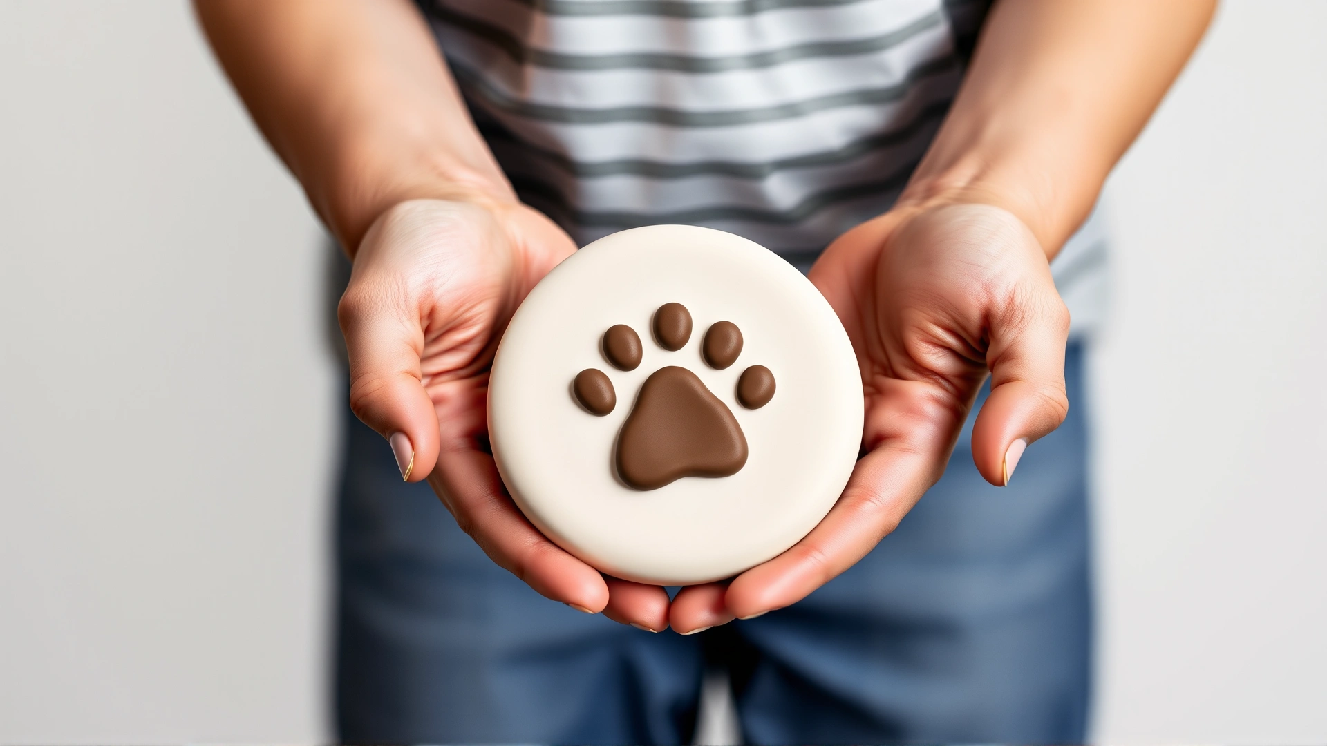 A clay paw-print keepsake being held gently in both hands against a neutral background.