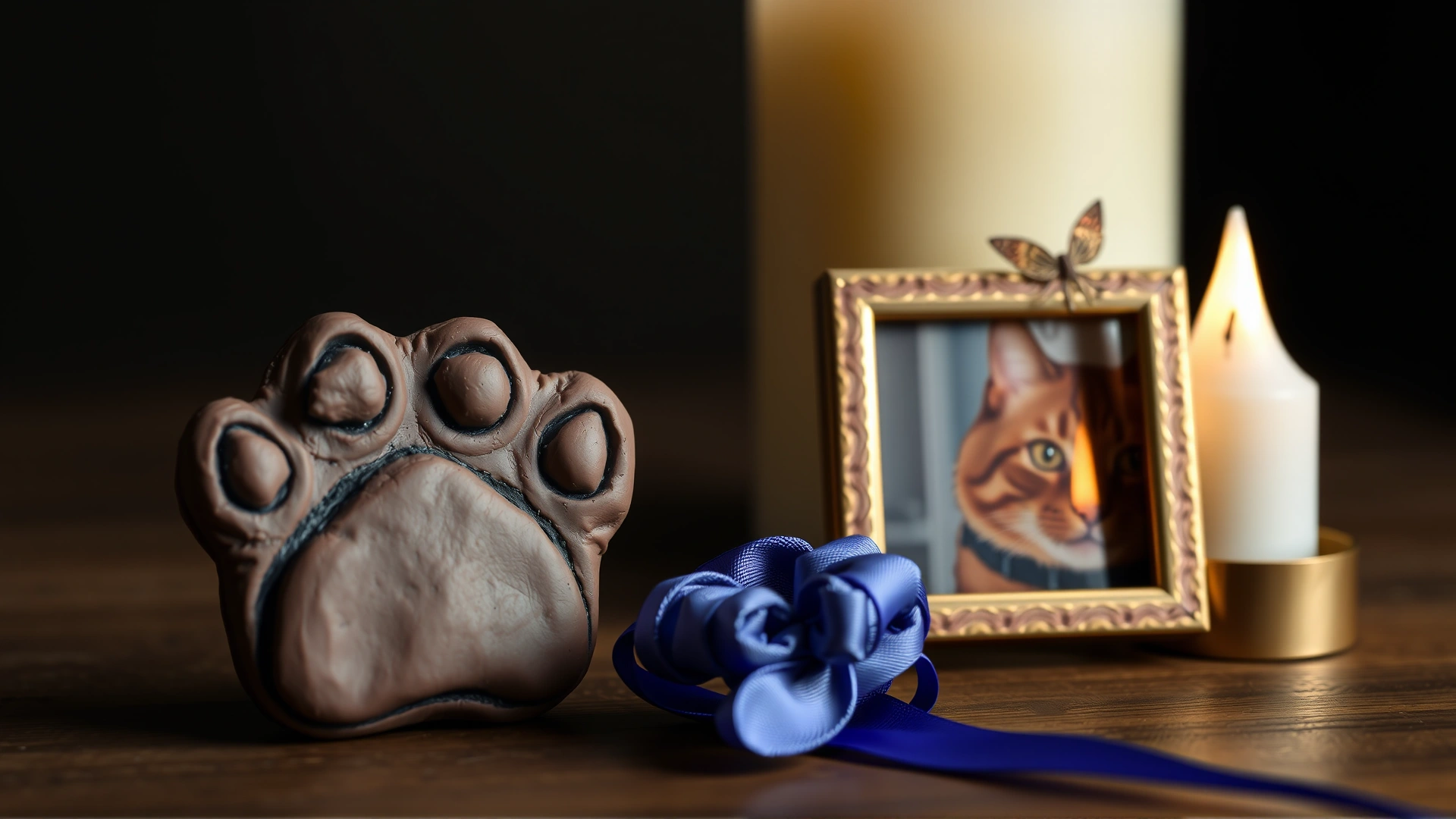 Close-up of a clay paw print next to a small framed photo of a cat and a lit candle, symbolizing remembrance and tribute
