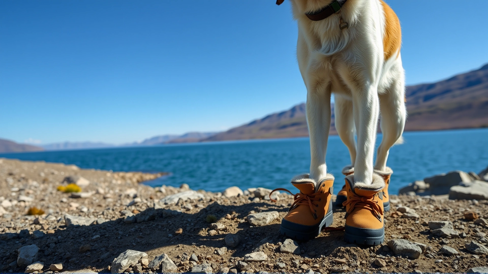 Dog wearing rugged booties standing on rocky terrain near a mountain lake, clear blue sky, no text on image