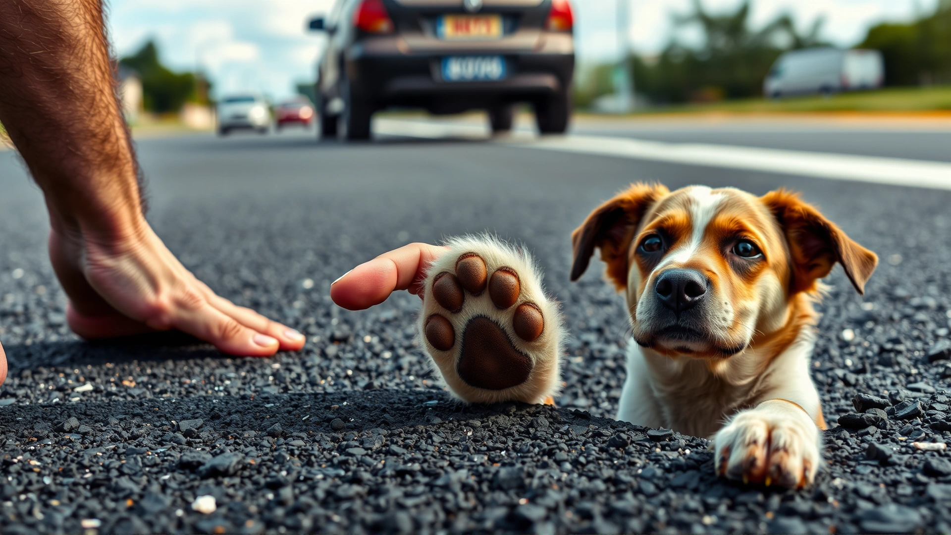 Human hand testing hot asphalt with the back of the hand next to a curious dog paw, emphasizing pavement temperature check.