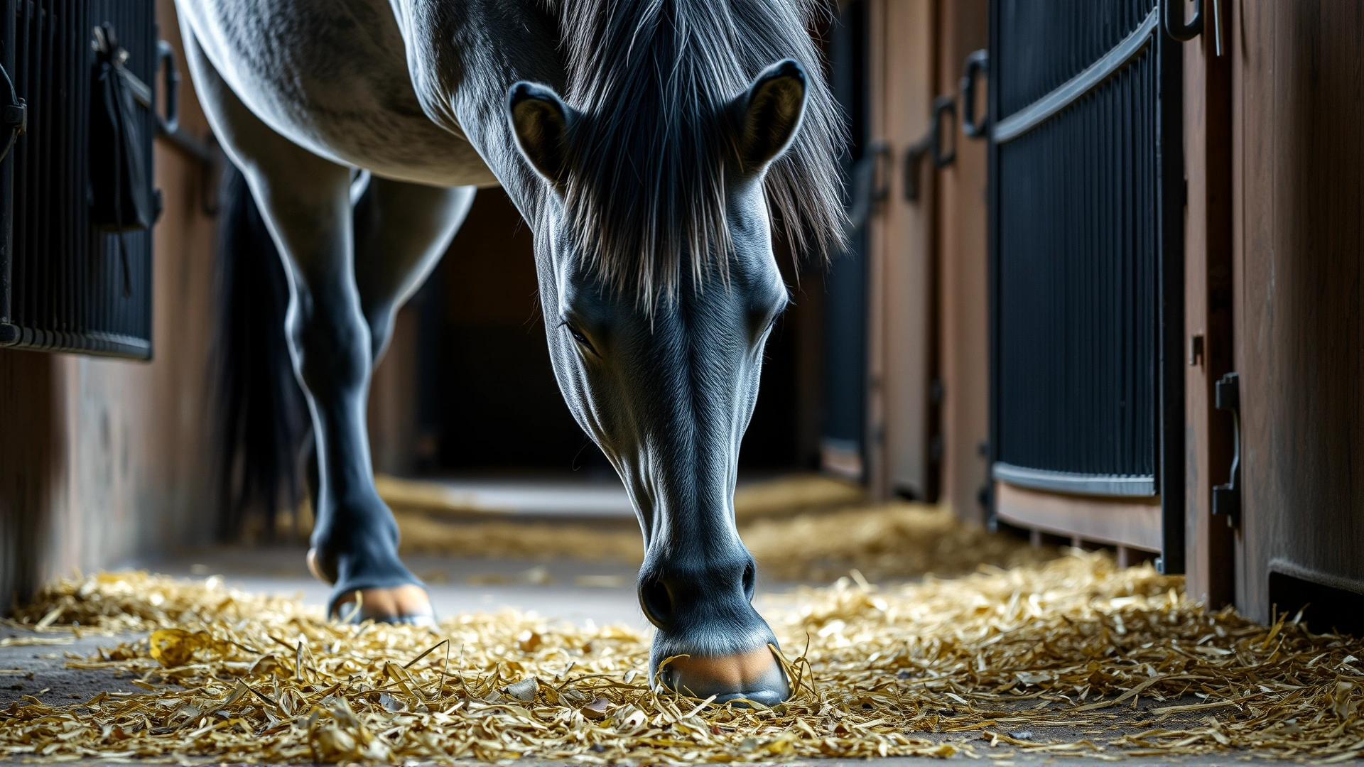 Grey horse anxiously pawing the stable floor, hay scattered around its hooves.