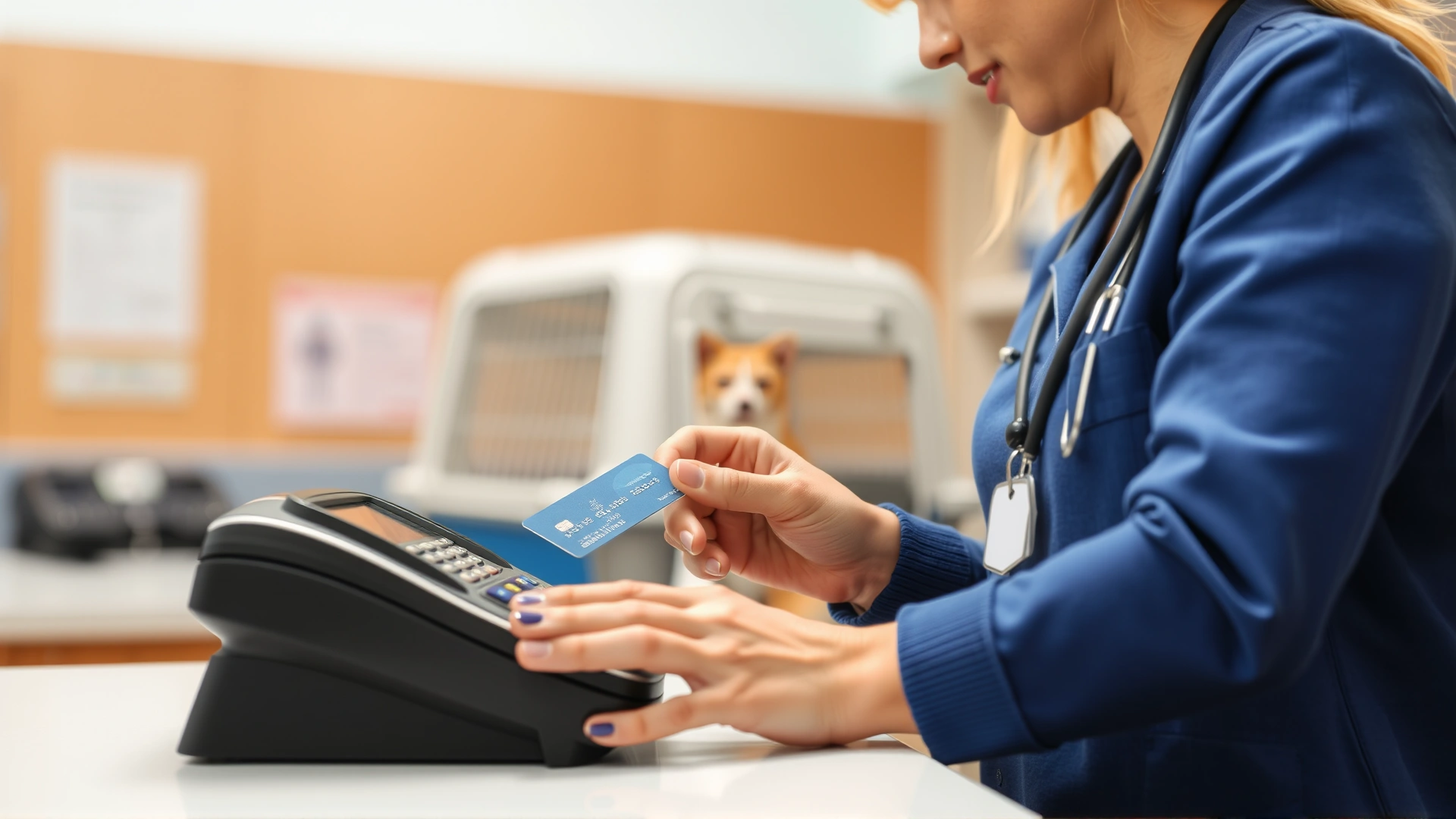 Photo of a pet owner tapping a credit card on a payment terminal at a veterinary clinic reception desk, cat carrier slightly blurred in the background.