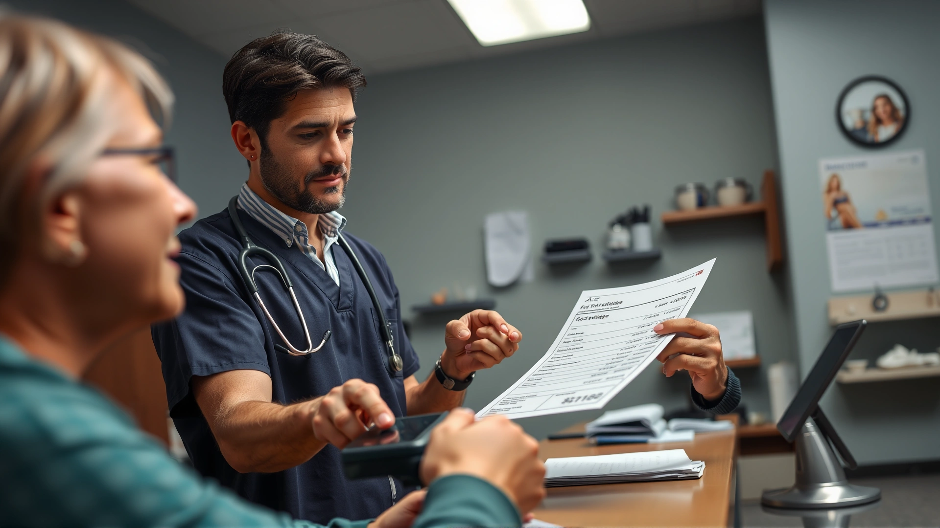 Veterinarian explaining a printed cost estimate to a pet owner while swiping a credit card terminal.