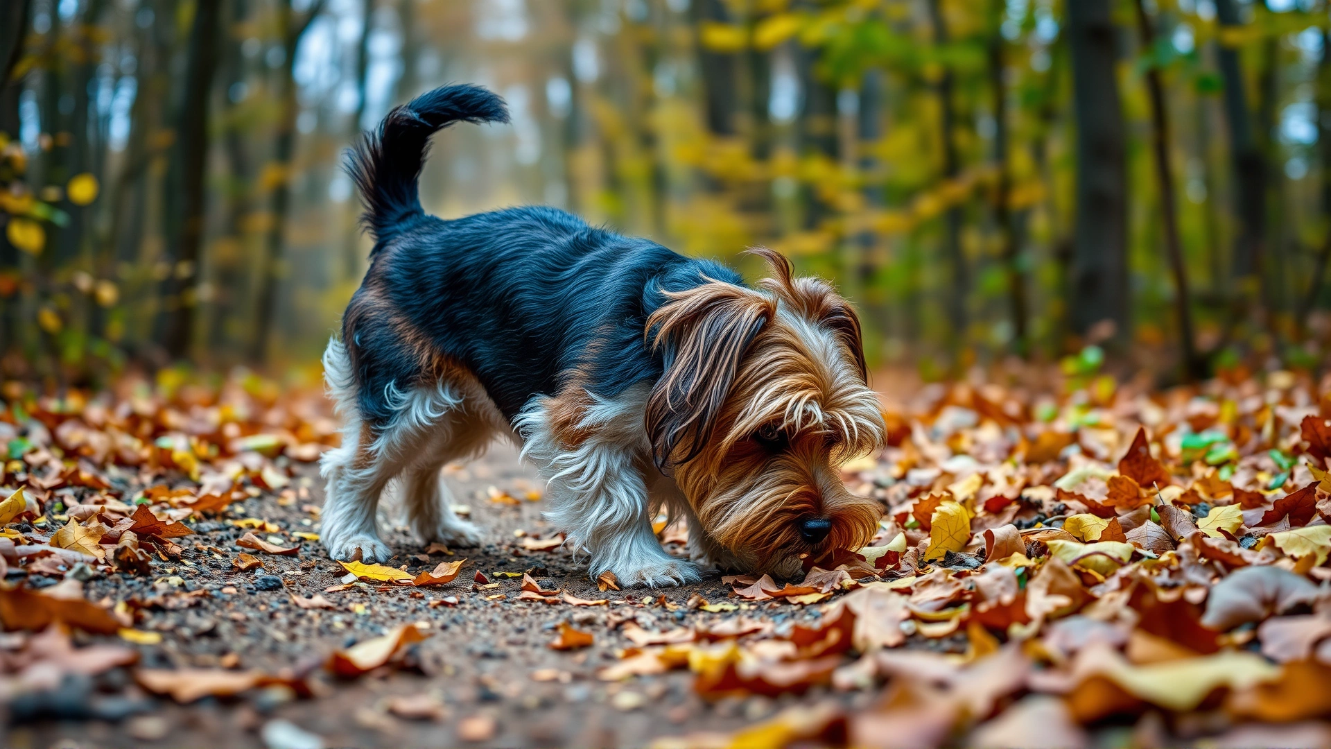 Petit Basset Griffon Vendéen exploring a forest trail in early autumn, sniffing the ground with tail held high amid colorful fallen leaves.
