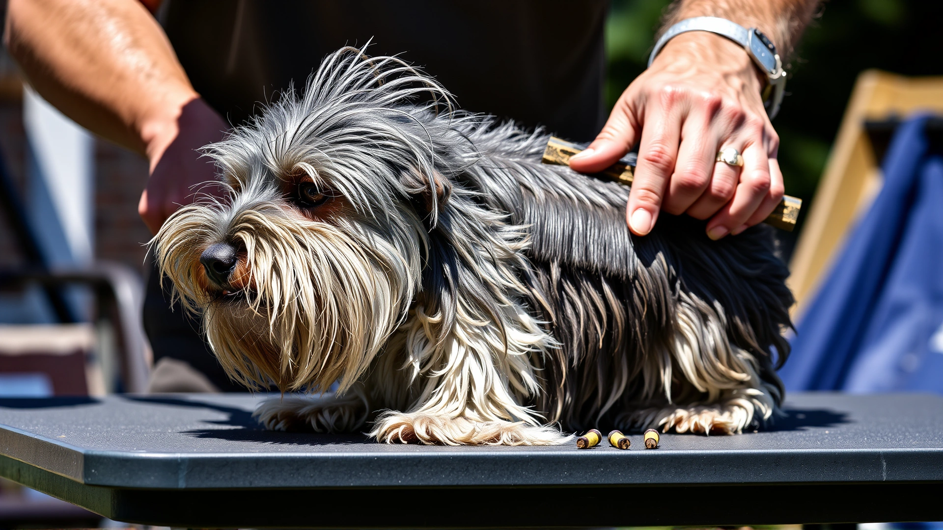 Owner brushing the rough, wiry coat of a Petit Basset Griffon Vendéen on an outdoor grooming table, loose hairs visible in the brush, bright daylight.