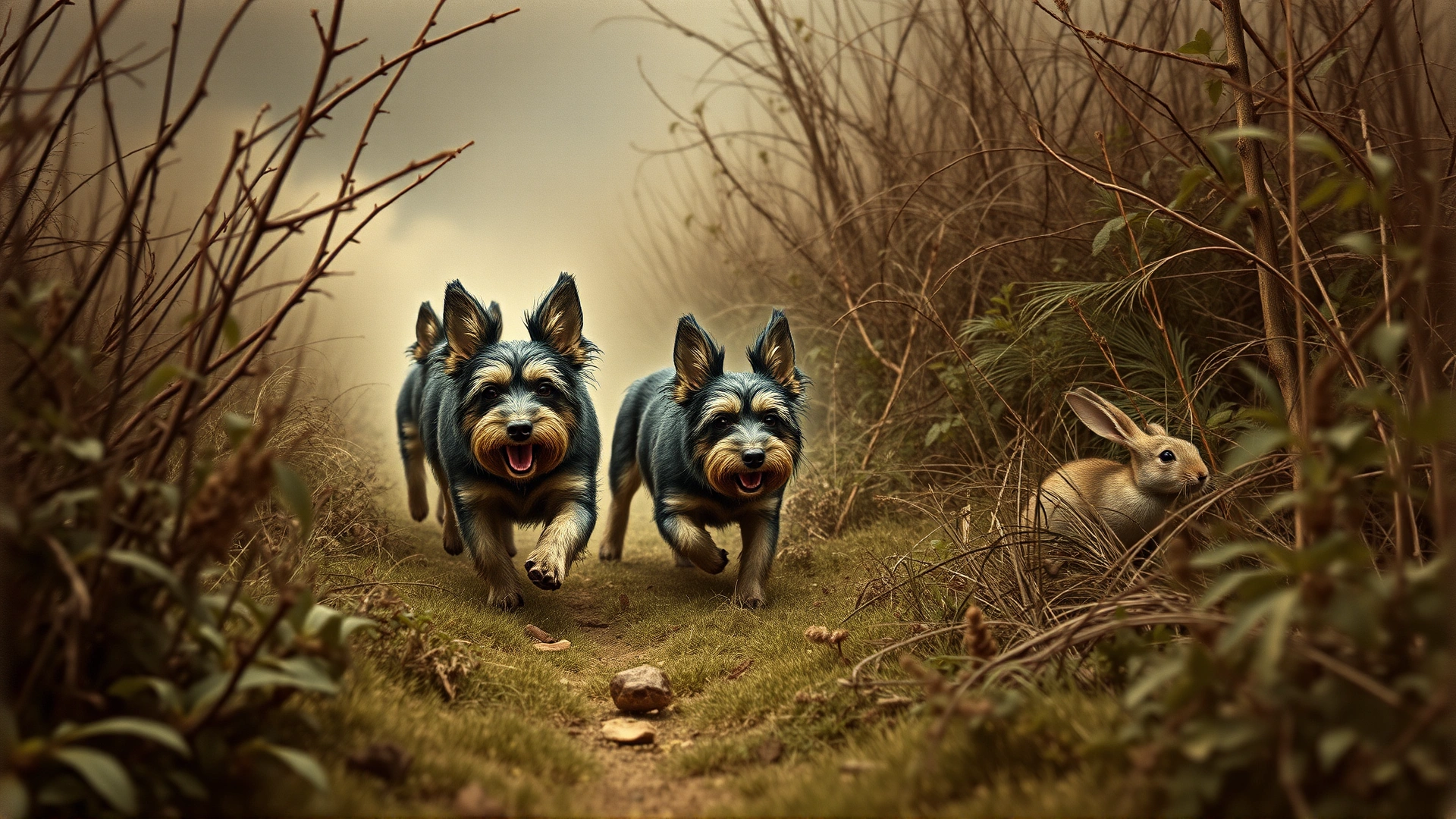 Historical illustration of a pack of Petit Basset Griffon Vendéens chasing a rabbit through dense French underbrush, vintage style artwork with muted earth tones.