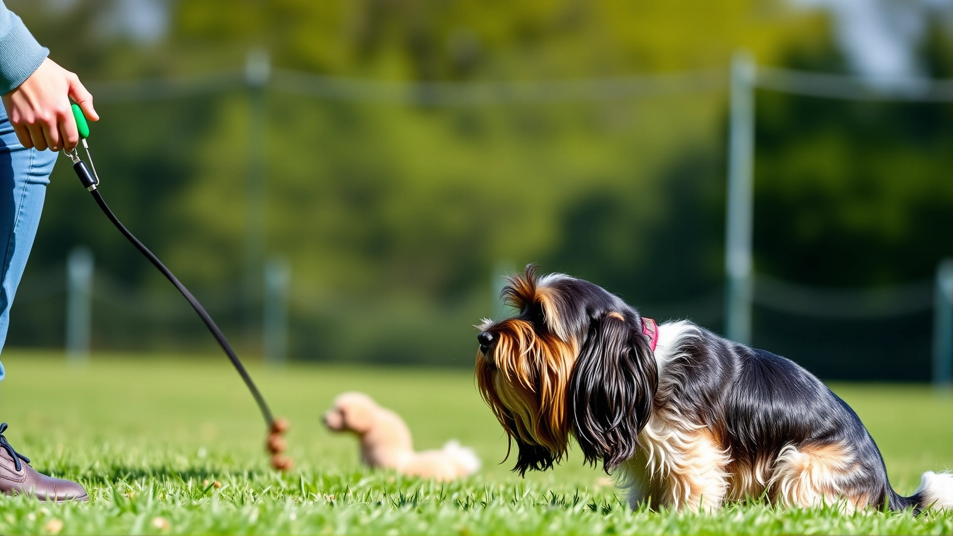 Dog trainer practicing a recall exercise with a focused Petit Basset Griffon Vendéen on an outdoor training field, using treats and a clicker, sunny weather.