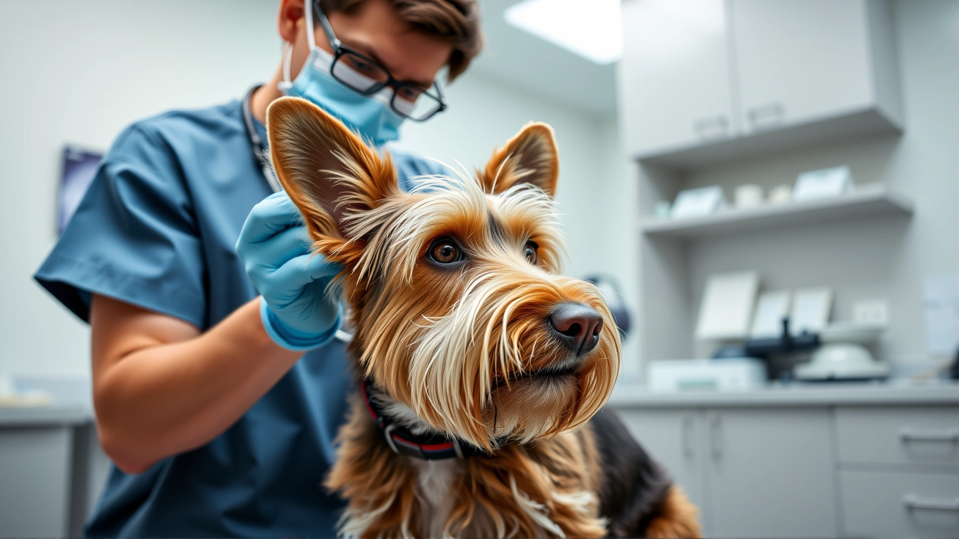 Veterinarian performing a routine ear examination on a calm Petit Basset Griffon Vendéen in a modern veterinary clinic, gentle handling, high-resolution image.