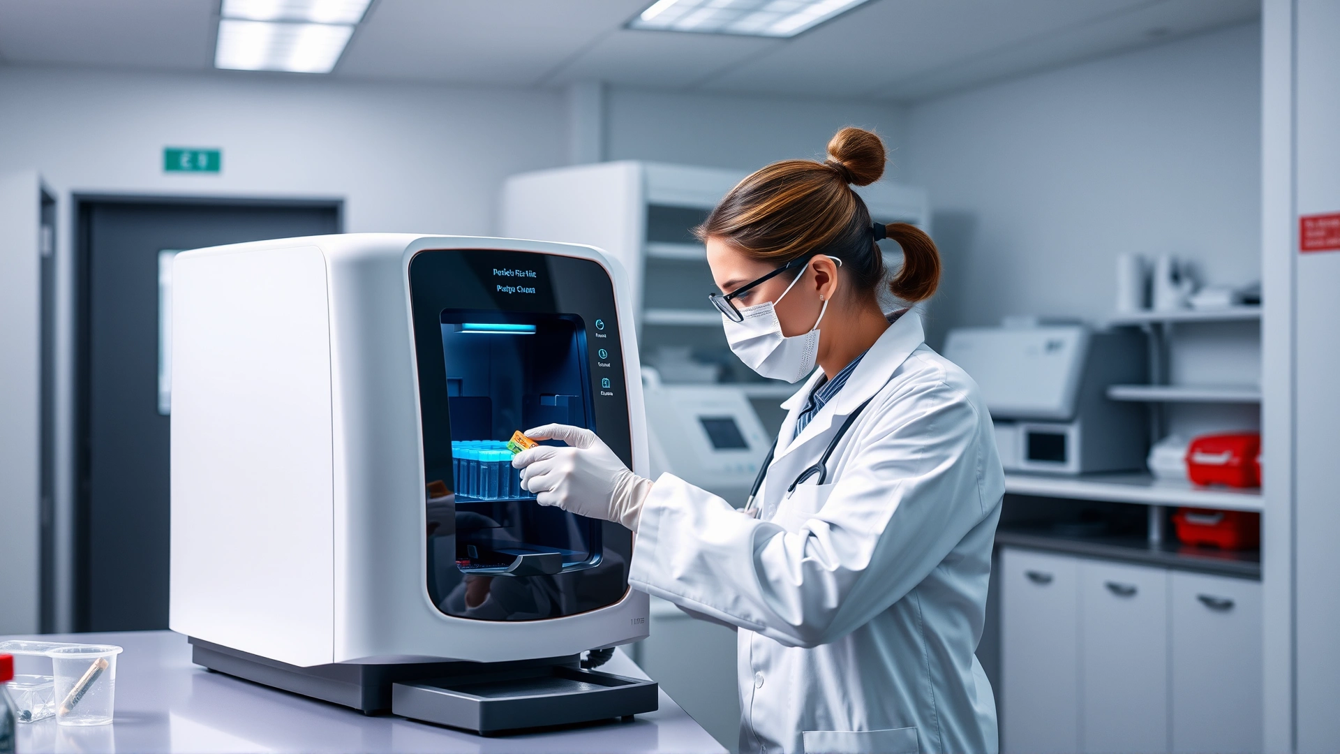 Modern veterinary laboratory scene with a scientist loading samples into a PCR machine, sterile environment