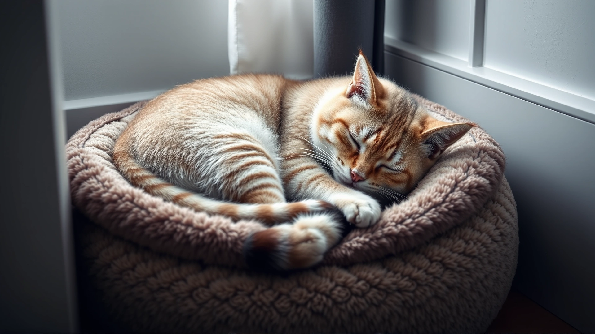 A deaf cat curled up peacefully in a plush cat bed placed in a quiet corner of a room, showing relaxation.