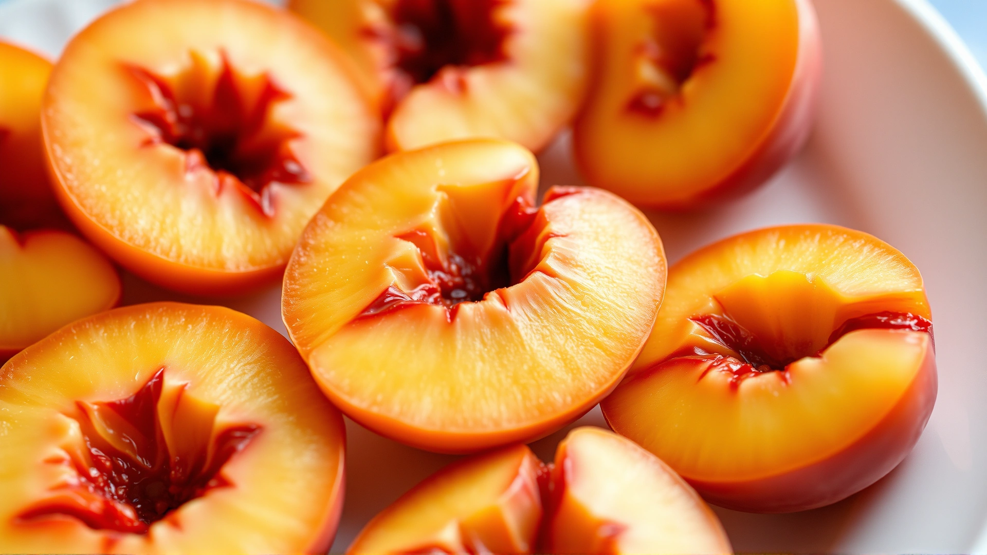 Close-up of several sliced peaches arranged on a white ceramic plate showing vibrant orange flesh and red centers, soft natural light