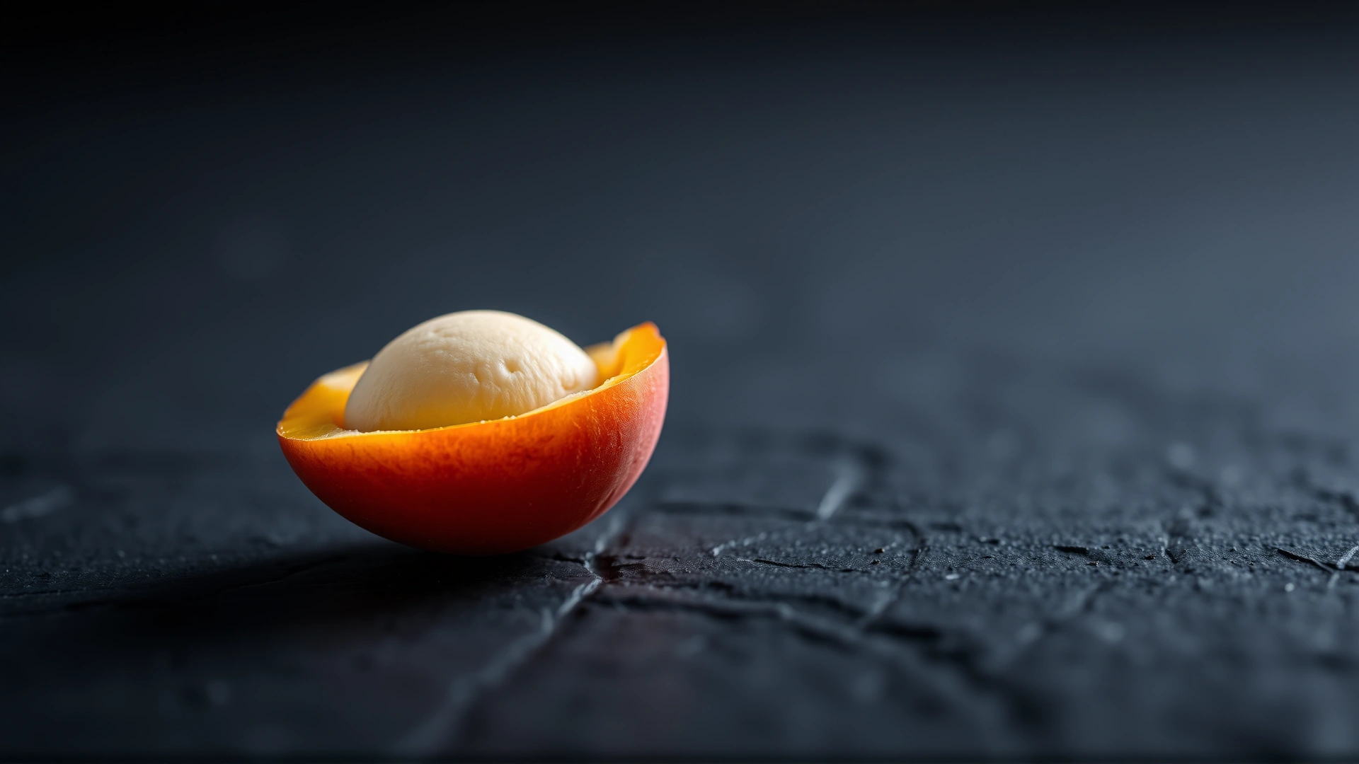Macro photograph of a single peach pit on dark slate background, sharp details and dramatic lighting