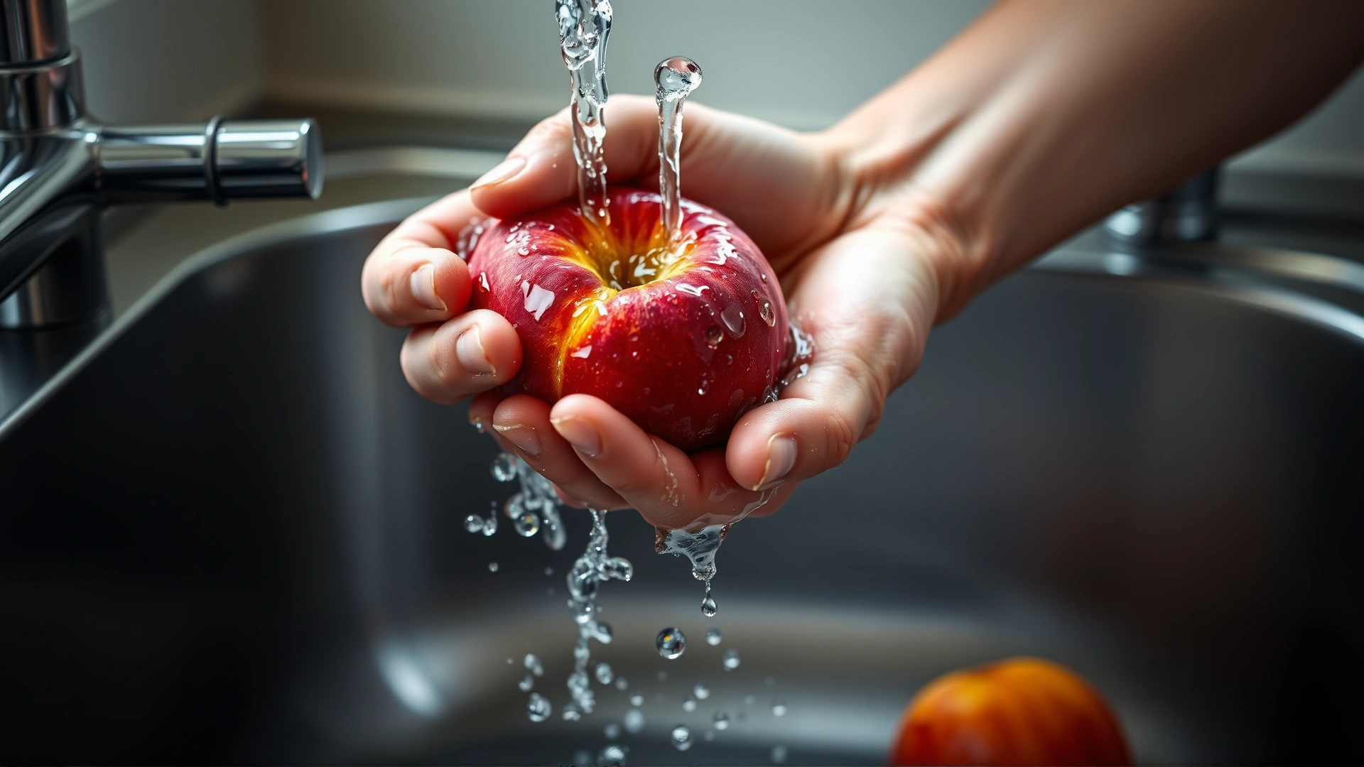 Adult hands washing a ripe peach under running tap water in a stainless steel kitchen sink, focus on fruit and water droplets