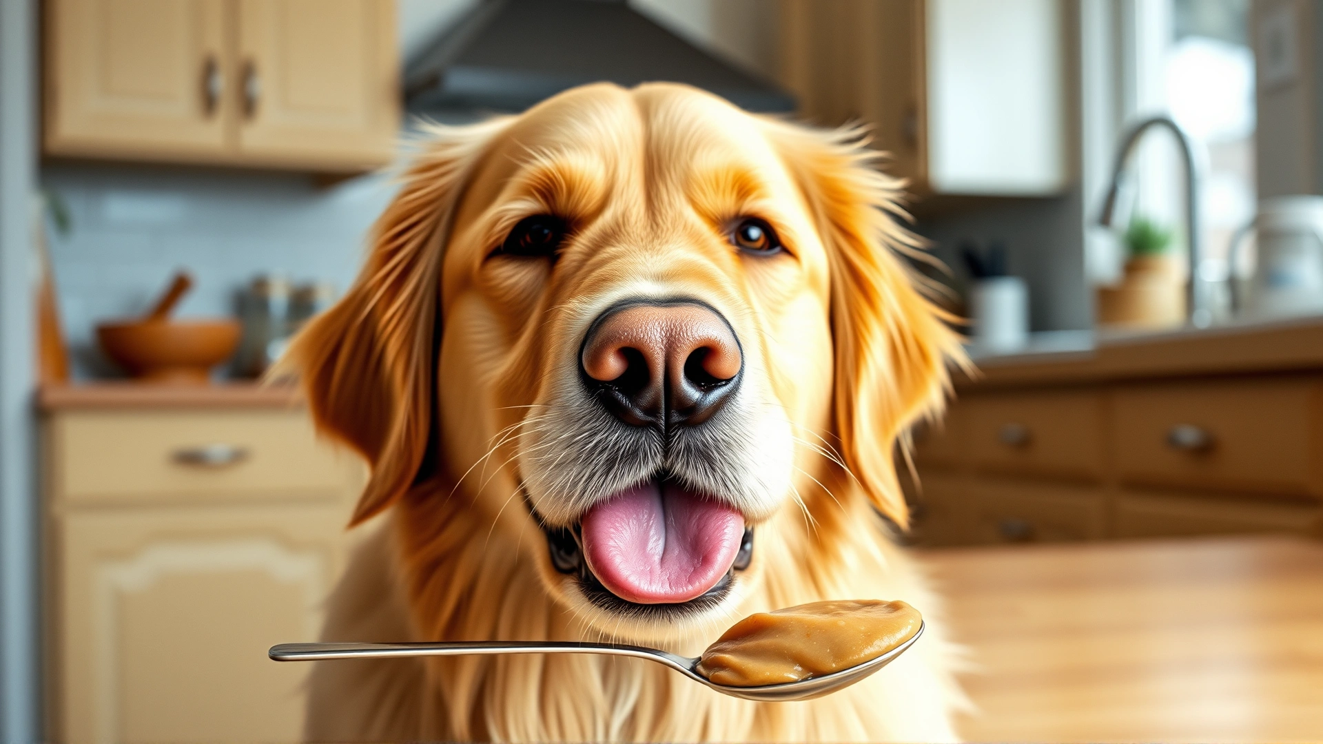 Close-up photo of a Golden Retriever licking peanut butter from a spoon, bright kitchen background, natural lighting, no text.