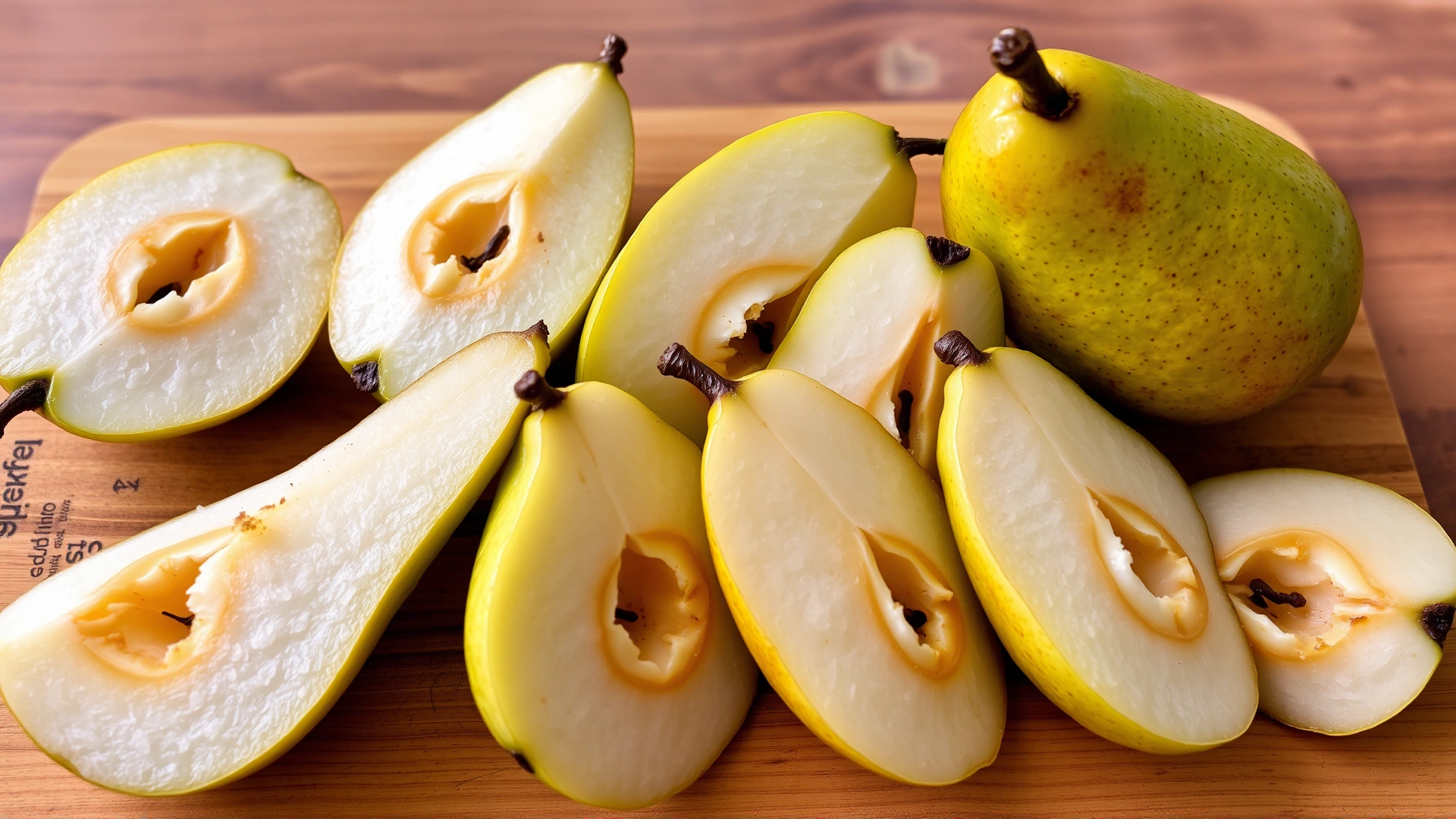 Arrangement of sliced pears with visible flesh and seeds on wooden board, emphasizing freshness and texture