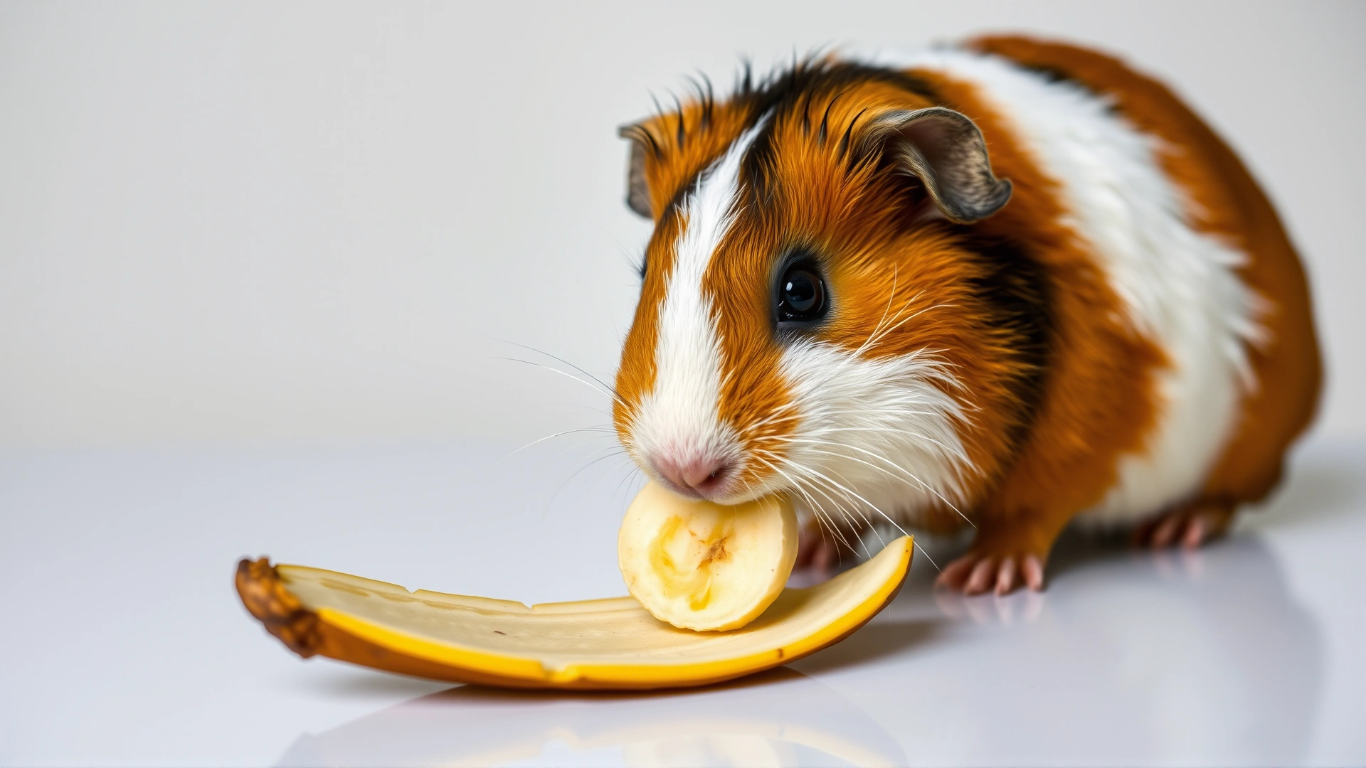 Guinea pig sniffing a neatly cut piece of banana peel on a clean table, highlighting the peel topic