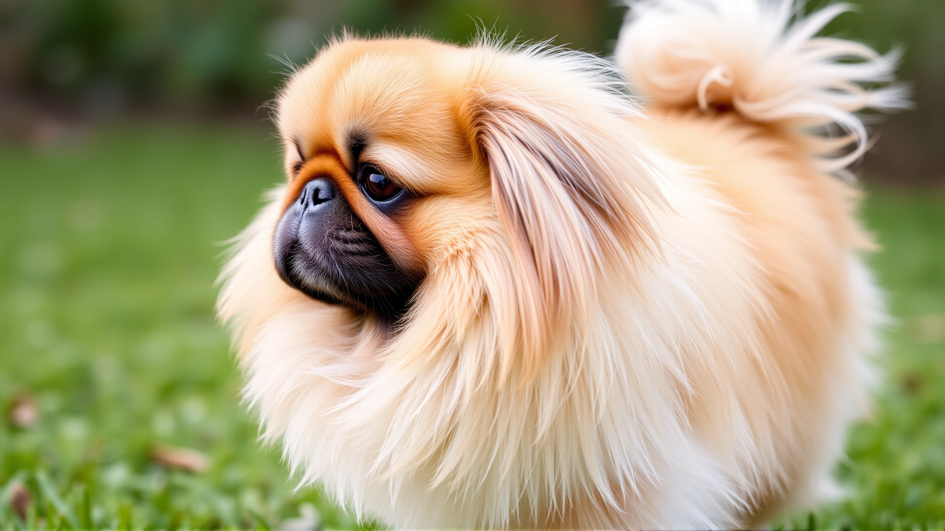 Close-up side profile photograph of a healthy adult Pekingese standing on green grass, showing its compact body, long coat, and distinctive flat face