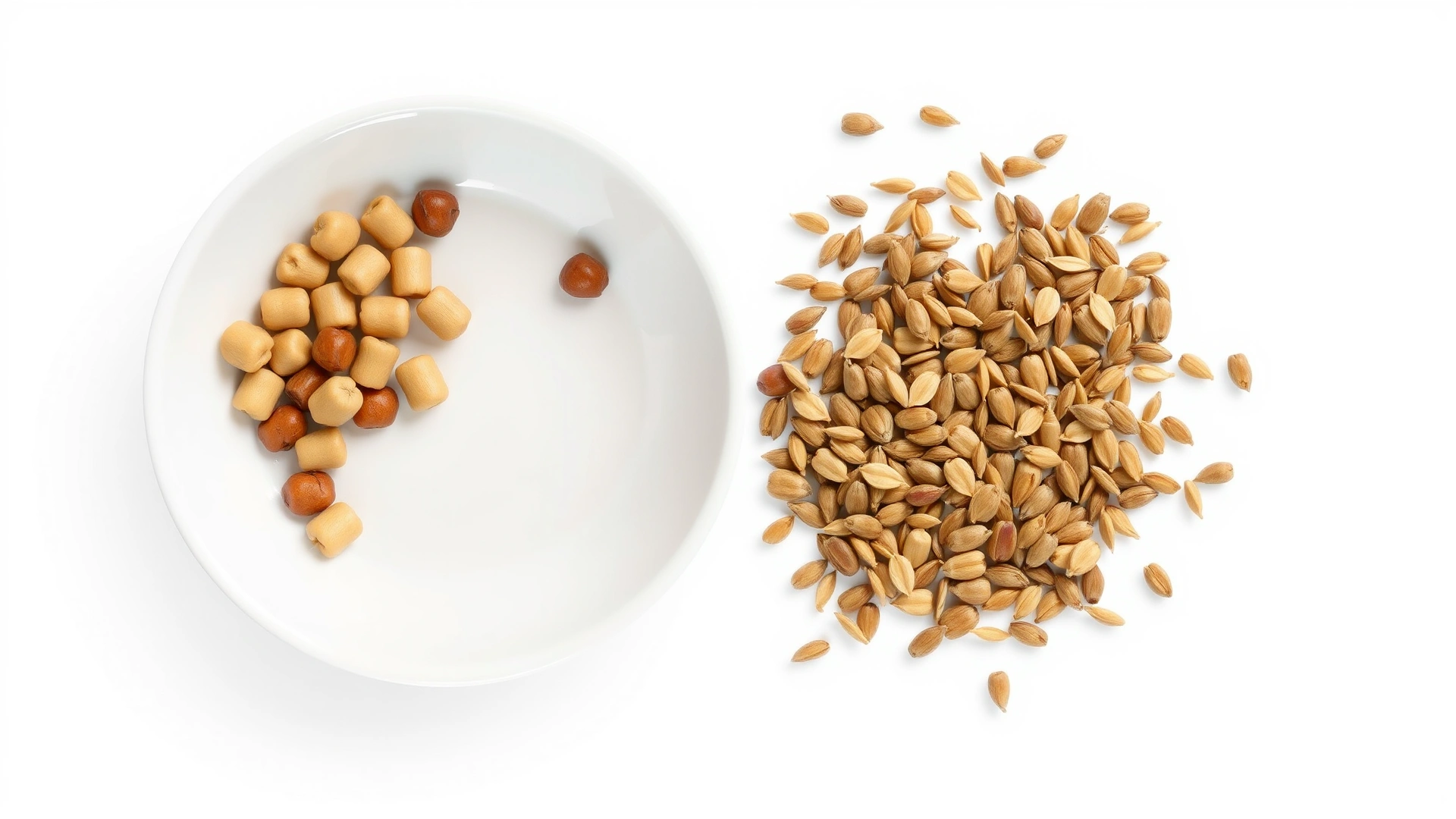 Side-by-side top view of a small dish filled with pellets and another filled with seeds to illustrate dietary comparison, clean white background