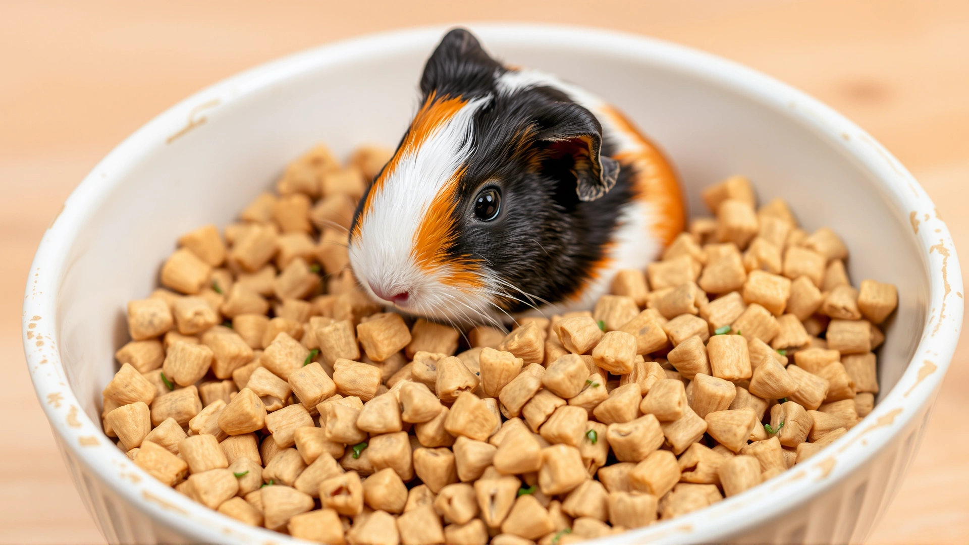 Timothy-based guinea pig pellets in a ceramic bowl with a guinea pig eating from it.