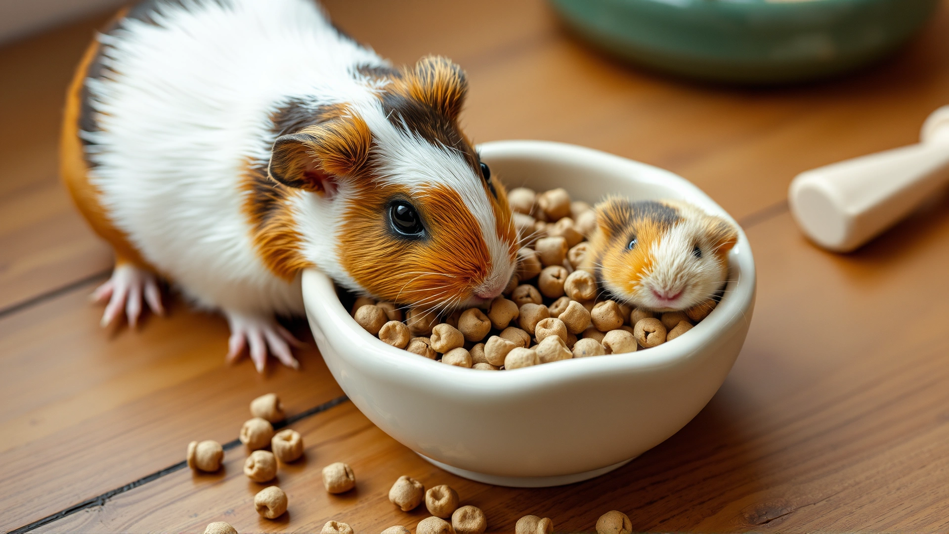 Ceramic bowl filled with high-quality guinea pig pellets placed on a wooden surface with a curious guinea pig sniffing it