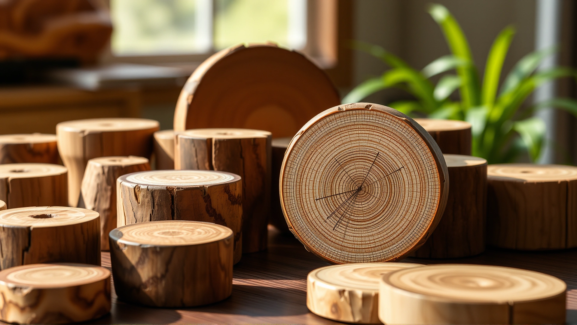 Assorted natural wooden perches of different diameters and textures arranged on a table in soft daylight.