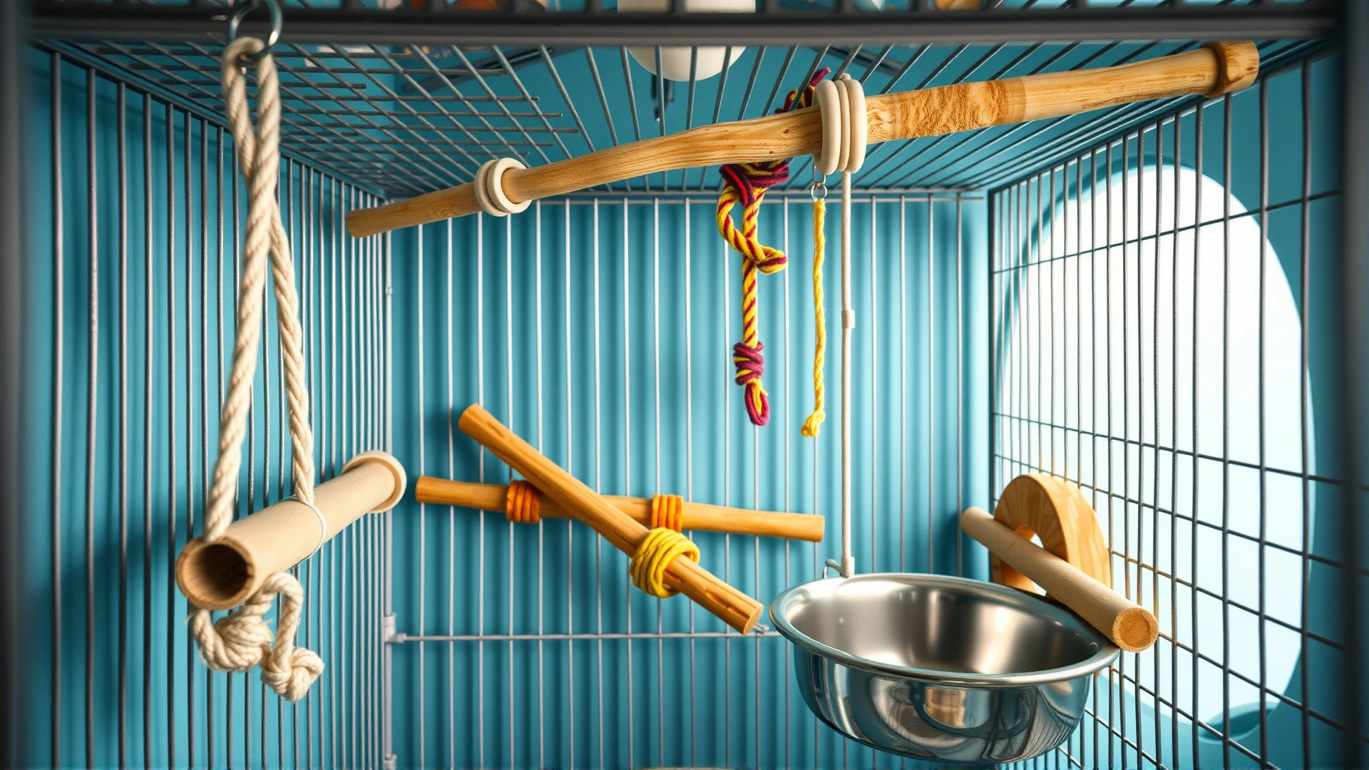 Interior view of a bird cage filled with natural wood perches, colorful rope toys, and stainless-steel food bowls.